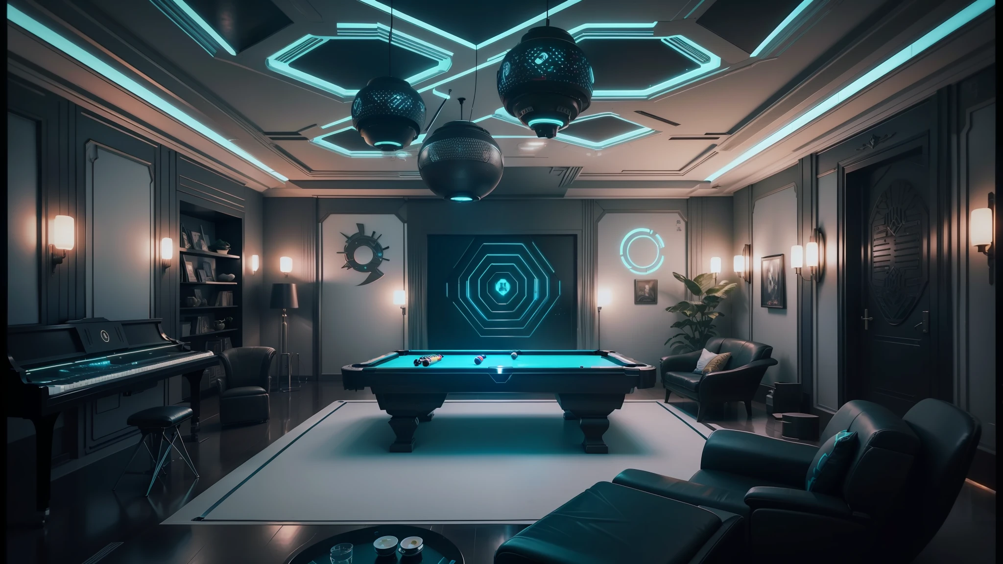 a dimly lit room with a pool table and a piano, retro futuristic apartment, futuristic room background, futuristic. game cg, futuristic persian palace, futuristic room, cyberpunk apartment, cgsociety 9, in a cyberpunk themed room, futuristic decor, virtual metaverse room, the cyberpunk apartment, gaming room in 2 0 4 0, alien room background --auto --s2