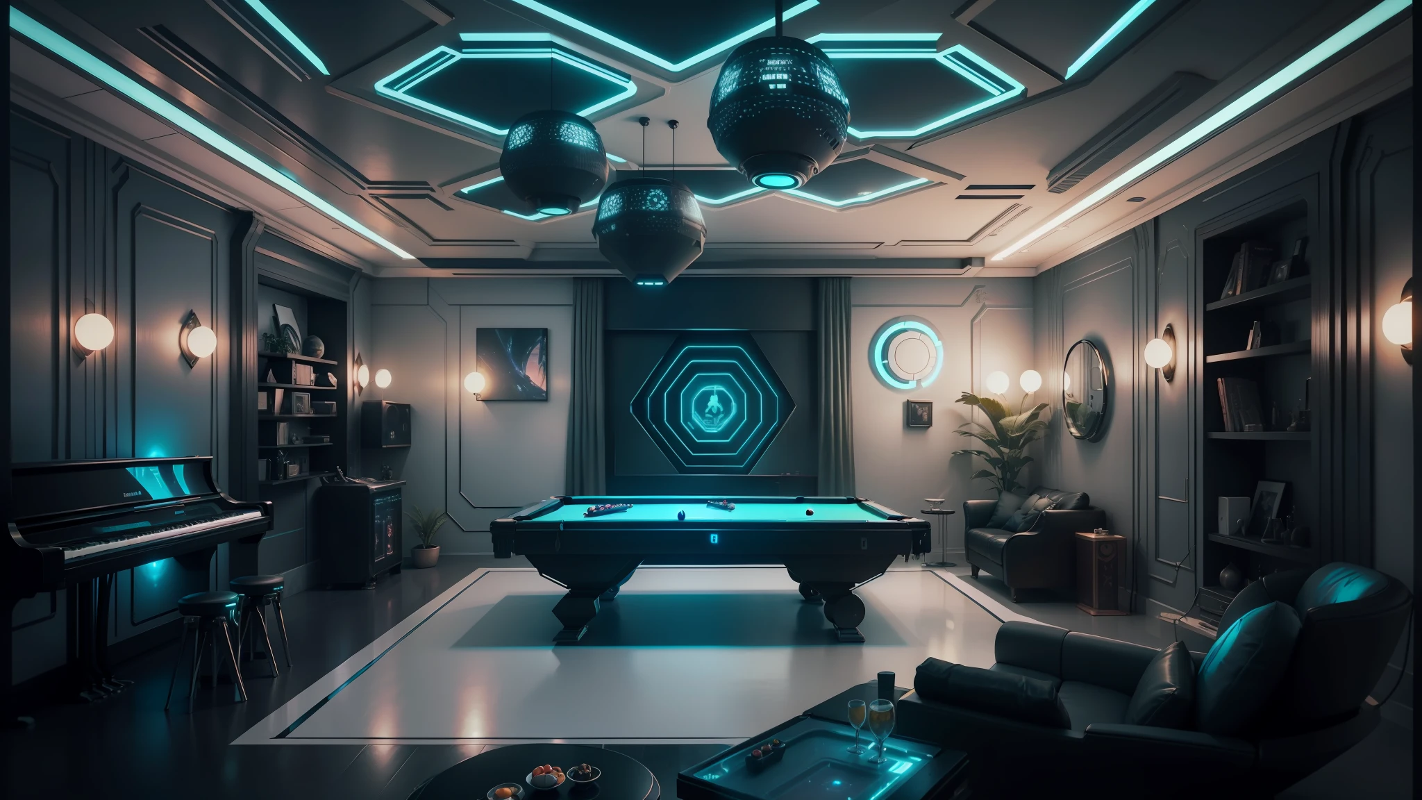 a dimly lit room with a pool table and a piano, retro futuristic apartment, futuristic room background, futuristic. game cg, futuristic persian palace, futuristic room, cyberpunk apartment, cgsociety 9, in a cyberpunk themed room, futuristic decor, virtual metaverse room, the cyberpunk apartment, gaming room in 2 0 4 0, alien room background --auto --s2