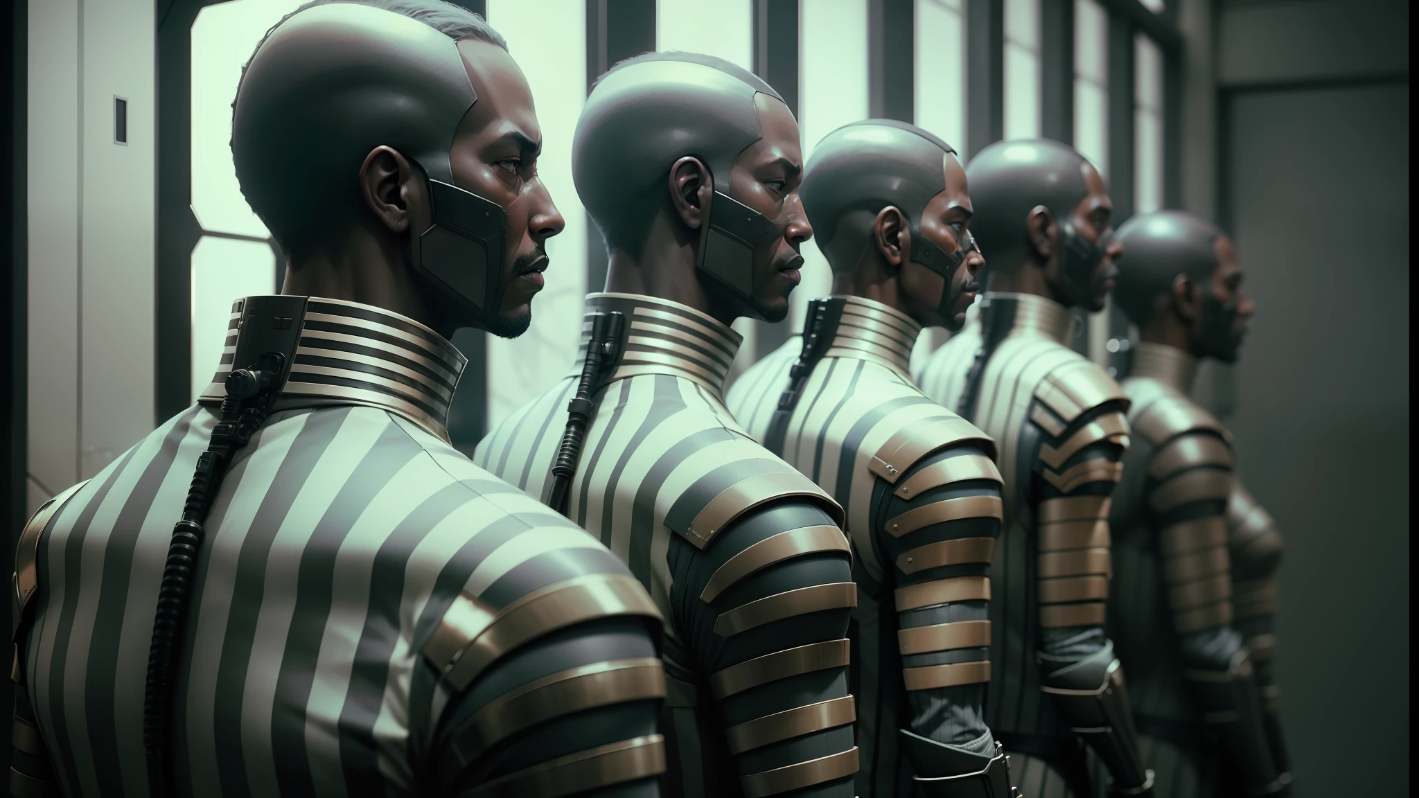 there are many men in striped shirts standing in a row, eve online movie still, yasuke 5 0 0 px models, still from movie dune, symmetrical. sci - fi, frame from prometheus movie, cgsociety 9, high definition cgsociety, symmetrical portrait scifi, from a 2 0 1 9 sci fi 8 k movie --auto --s2
