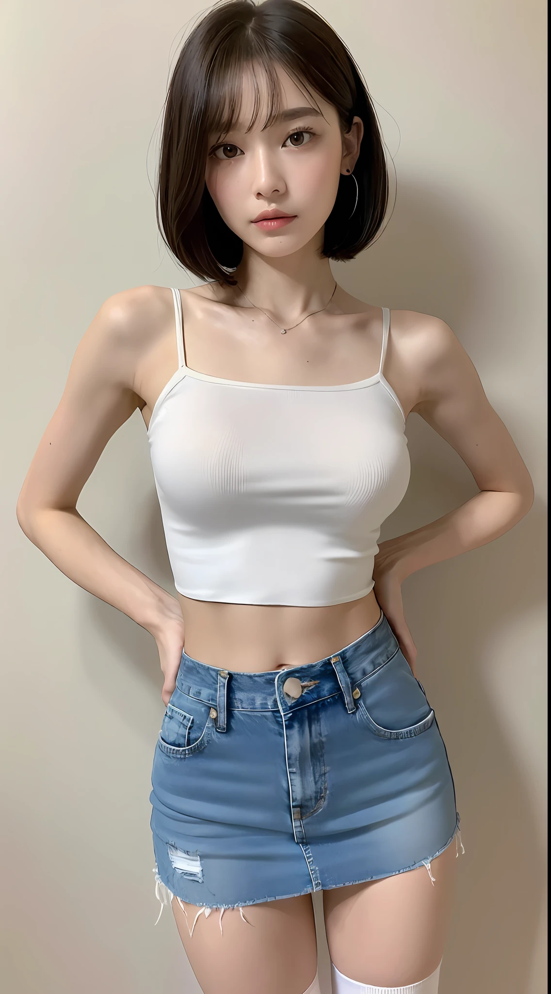 ((Top Quality, 8k, Masterpiece: 1.3)), 1 girl, Beauty with slender abs: 1.3, (Medium Short Hair, Big: 1.2), White Camisole: 1.1, Ultra Detailed Face, Detailed Eyes, Double Eyelids, Denim Mini Skirt, Full Body, Navel, Thin Thighs, White Knee High Socks
