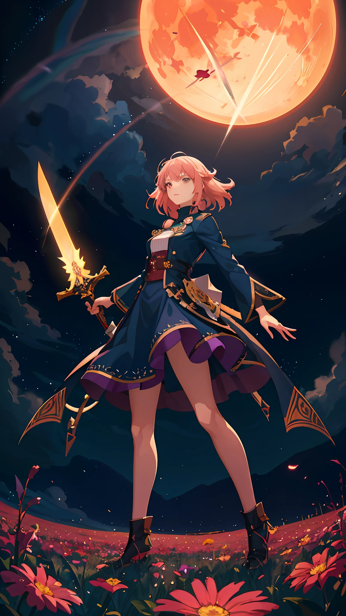 anime girl with sword in field of flowers under full moon, cushart krenz key art feminine, female protagonist 👀 :8, ayaka genshin impact, she is holding a sword, female protagonist, ayaka game genshin impact, demon slayer rui fanart, holding a sword on her shoulder, high detailed official artwork, official character art, marin kitagawa fanart