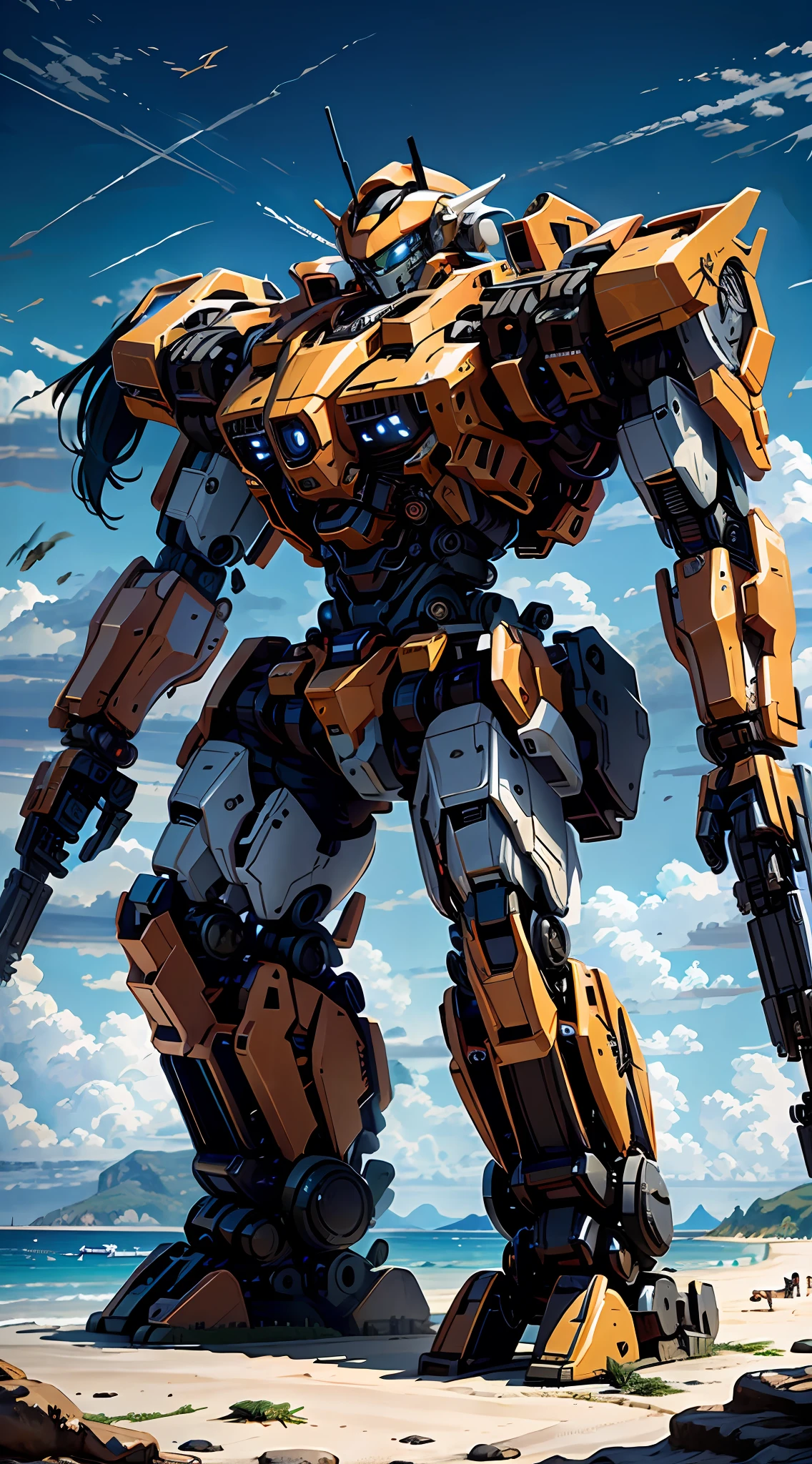 8K resolution, top picture quality, cinematic texture, realistic style, SLR ultra-high-definition camera shooting, Alafard robot standing on the beach, miniature tanks on the beach, tiny battleships on the sea, sea horizon in the background, huge mecha robot, Alexander Ferra mecha, mecha art, mecha aesthetics, realistic fighter mecha, cool mecha style, humanoid mecha, colorful colors,