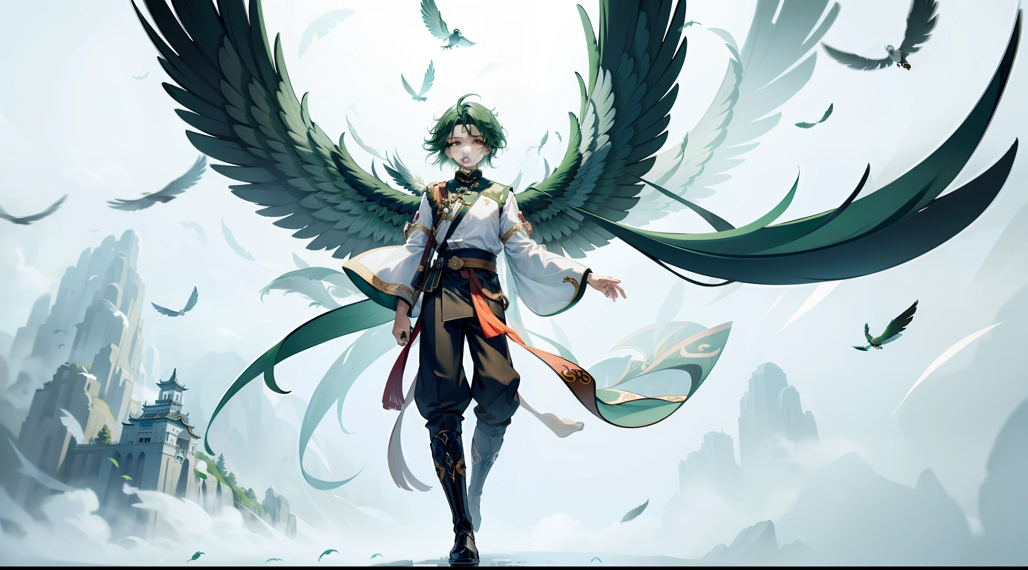 Masterpiece, best quality, highly detailed, panorama, exquisite facial features, 1 boy, loose trousers, solo, expressionless, green hair, feathered wings, flying in the air, outdoors, chinese wind, bird, feathers floating in the air, ethereal power, whirlwind, steam, whirlwind in background, white tones, whirlwind, ethereal atmosphere