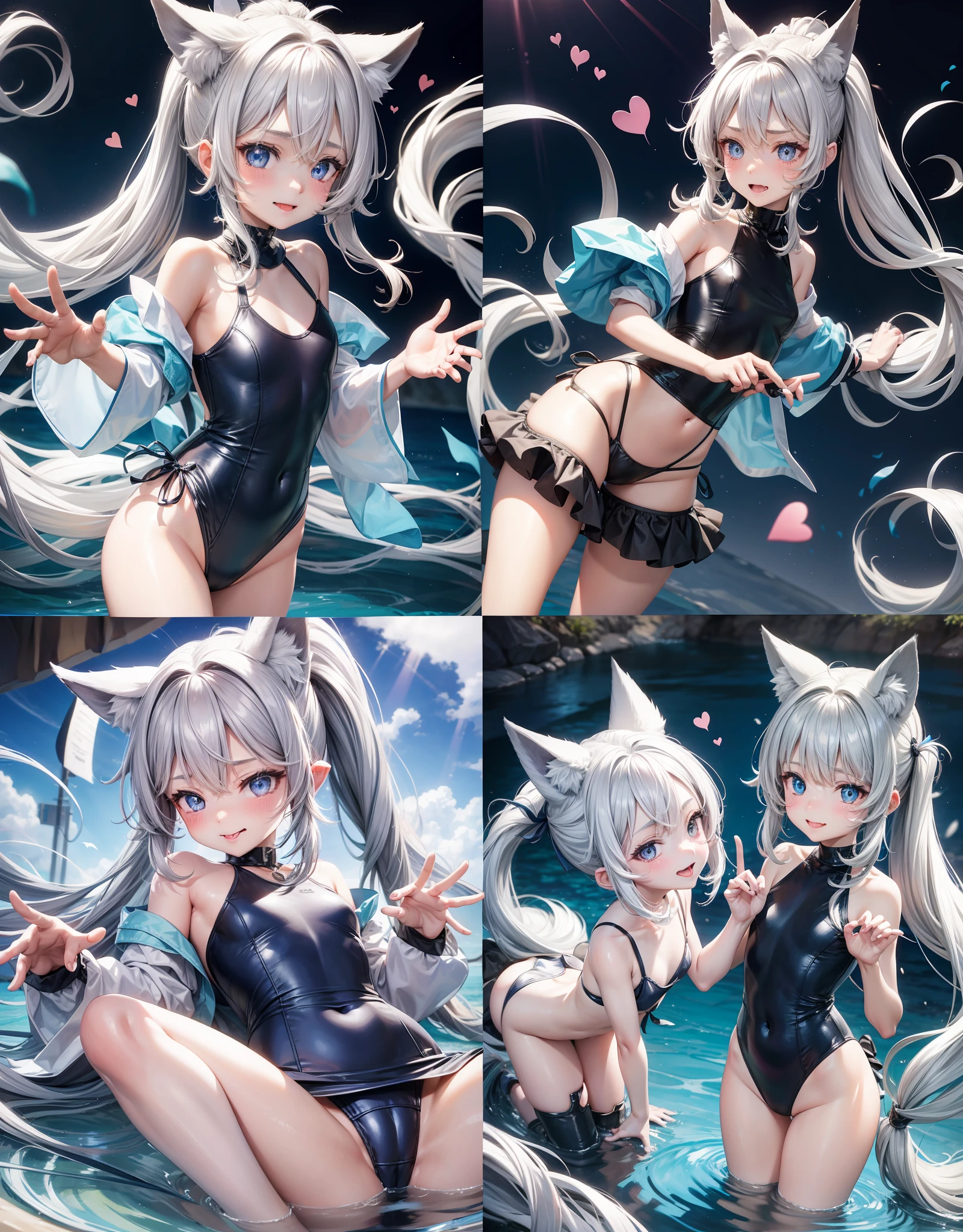 Juvenile li, cute, silver long hair, dull hair, ponytail, blue eyes, looking at the light in both hands, a hint of laughter, fox ears, nine fox tails, white silk, high resolution, Q version blushing, heart-shaped pupils, heart-shaped, loli, cute, dripping face, sticking out tongue, swimsuit --auto --s2