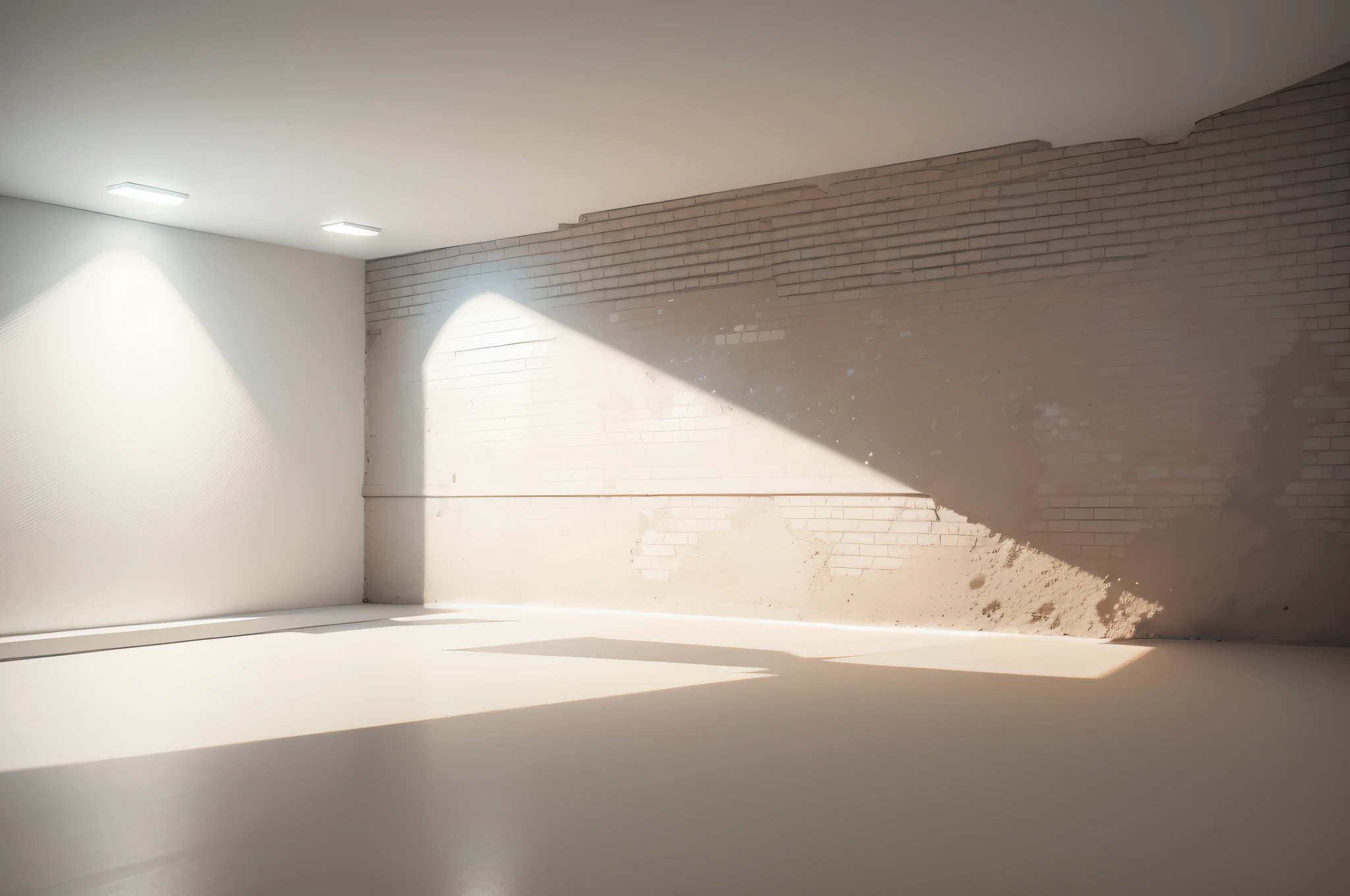 a close up of a room with a brick wall and three lights, interior background, interior white wall, lighting background, white background wall, white wall, white studio background, spotlights from ceiling, photo studio background, well lit 3 d render, white warm illumination, studio background, white wall background, indoor lighting, white walls, interior design background --auto --s2