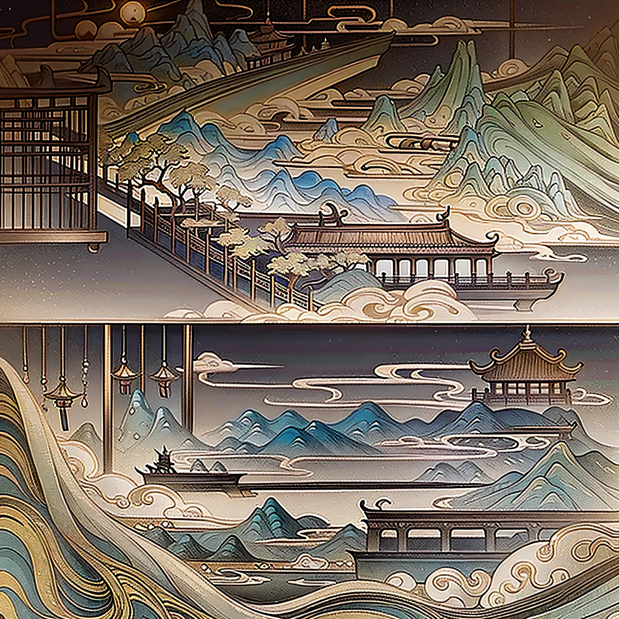 An ancient Chinese painting, ancient Chinese background, mountains, rivers, auspicious clouds, pavilions, sunshine, masterpieces, super detail, epic composition, ultra HD, high quality, extremely detailed, official art, unified 8k wallpaper, Super detail, 32k -- v 6
