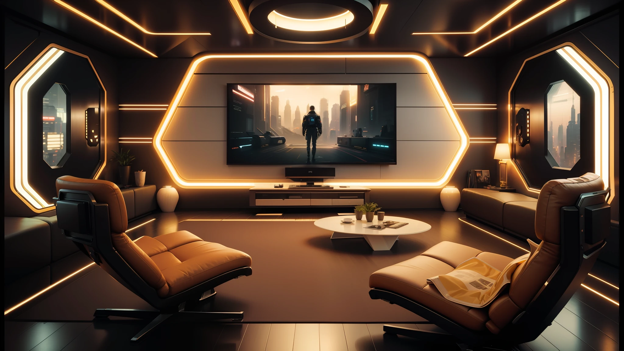 there is a large room with a couch, chair, and television, retro futuristic apartment, cgsociety 9, cyberpunk apartment, bladerunner apartment, futuristic looking living room, futuristic interior, gaming room in 2 0 4 0, futuristic room background, cgsociety unreal engine, jessica rossier color scheme, cgsociety 4 k uhd, futuristic room, sci - fi interior --auto --s2