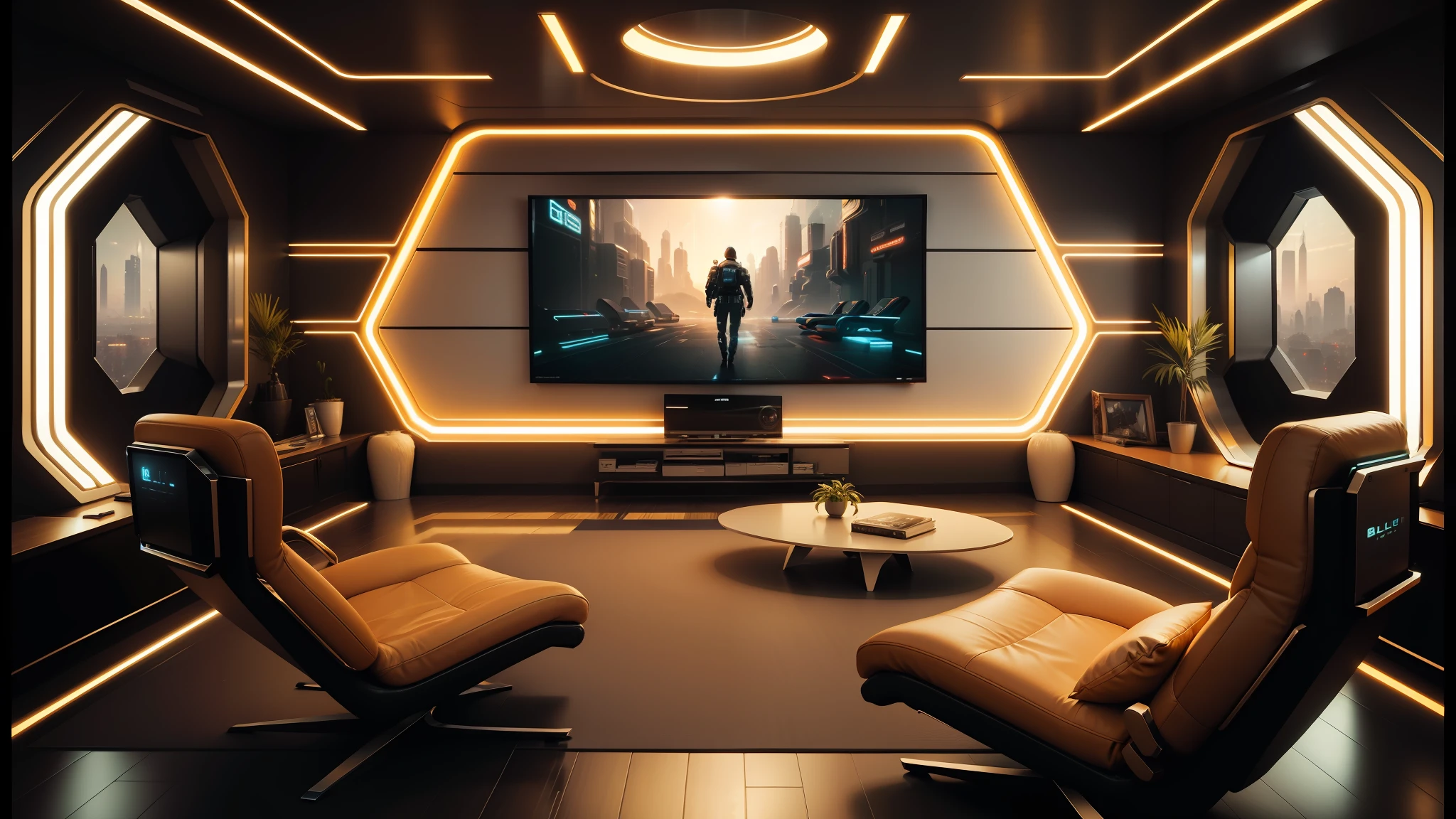 there is a large room with a couch, chair, and television, retro futuristic apartment, cgsociety 9, cyberpunk apartment, bladerunner apartment, futuristic looking living room, futuristic interior, gaming room in 2 0 4 0, futuristic room background, cgsociety unreal engine, jessica rossier color scheme, cgsociety 4 k uhd, futuristic room, sci - fi interior --auto --s2