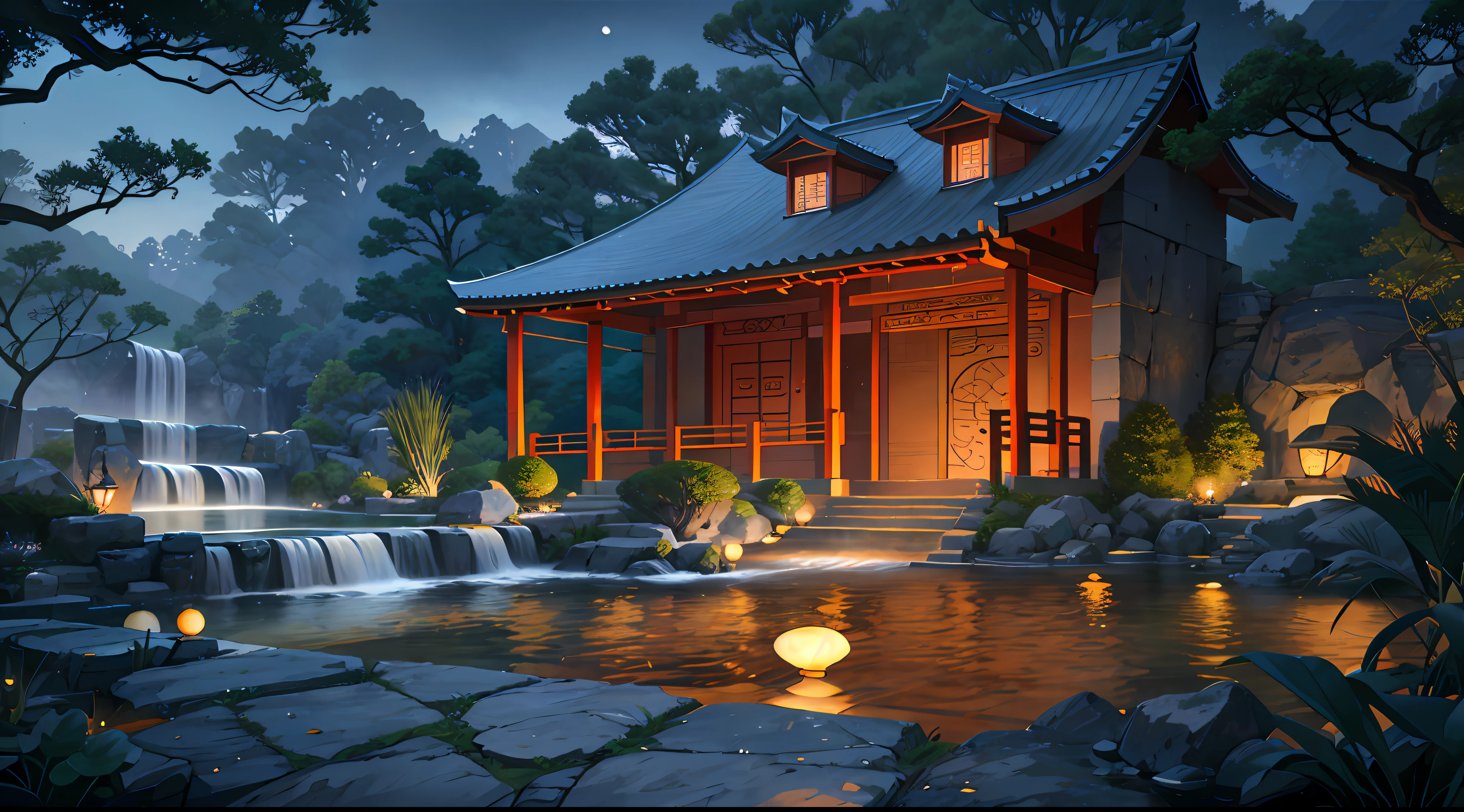 Ancient Chinese architecture, moon, dark night, garden, bamboo, lake, stone bridge, rockery, arch, corner, tree, running water, landscape, outdoor, waterfall, grass, rock, water lily, hot spring, water vapor, (Illustration: 1.0 ), epic composition, realistic lighting, HD details, masterpiece, best quality, (very detailed CG unity 8k wallpapers) --v 6