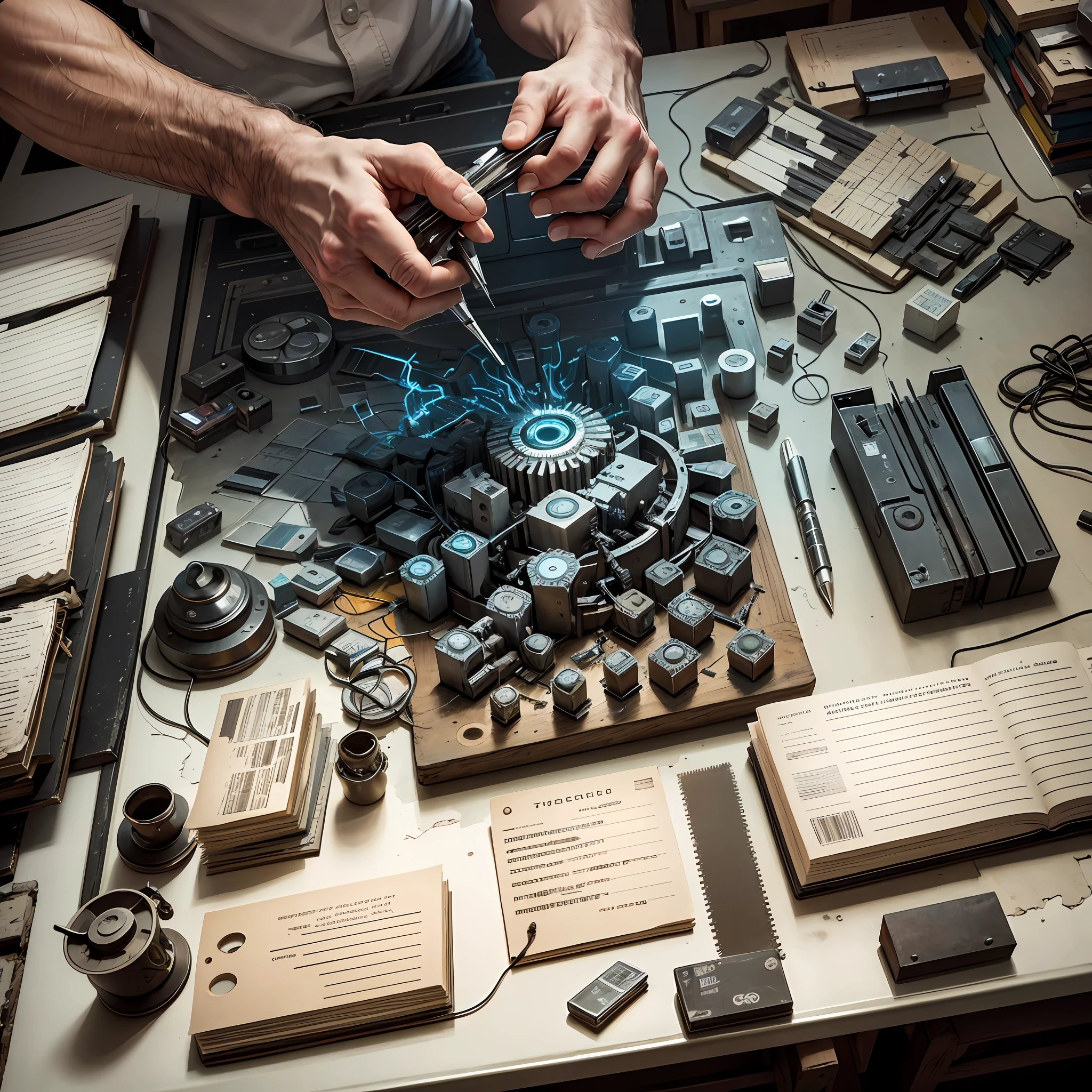 In the workshop illuminated by a soft white light, a skilled and determined man focuses on repairing a notebook with the skills of a true craftsman. His eyes are fixed on the bright screen, reflecting the intensity of his work.
The desk is full of notebooks in different states of disassembly. Some are completely stripped bare, revealing their electronic innards, while others still retain a partially assembled carcass. Piles of RAM are meticulously arranged, like small digital bricks ready to be slotted into their proper places.
HDDs lined up on a shelf display their magnetic structure and delicate circuitry. --auto --s2