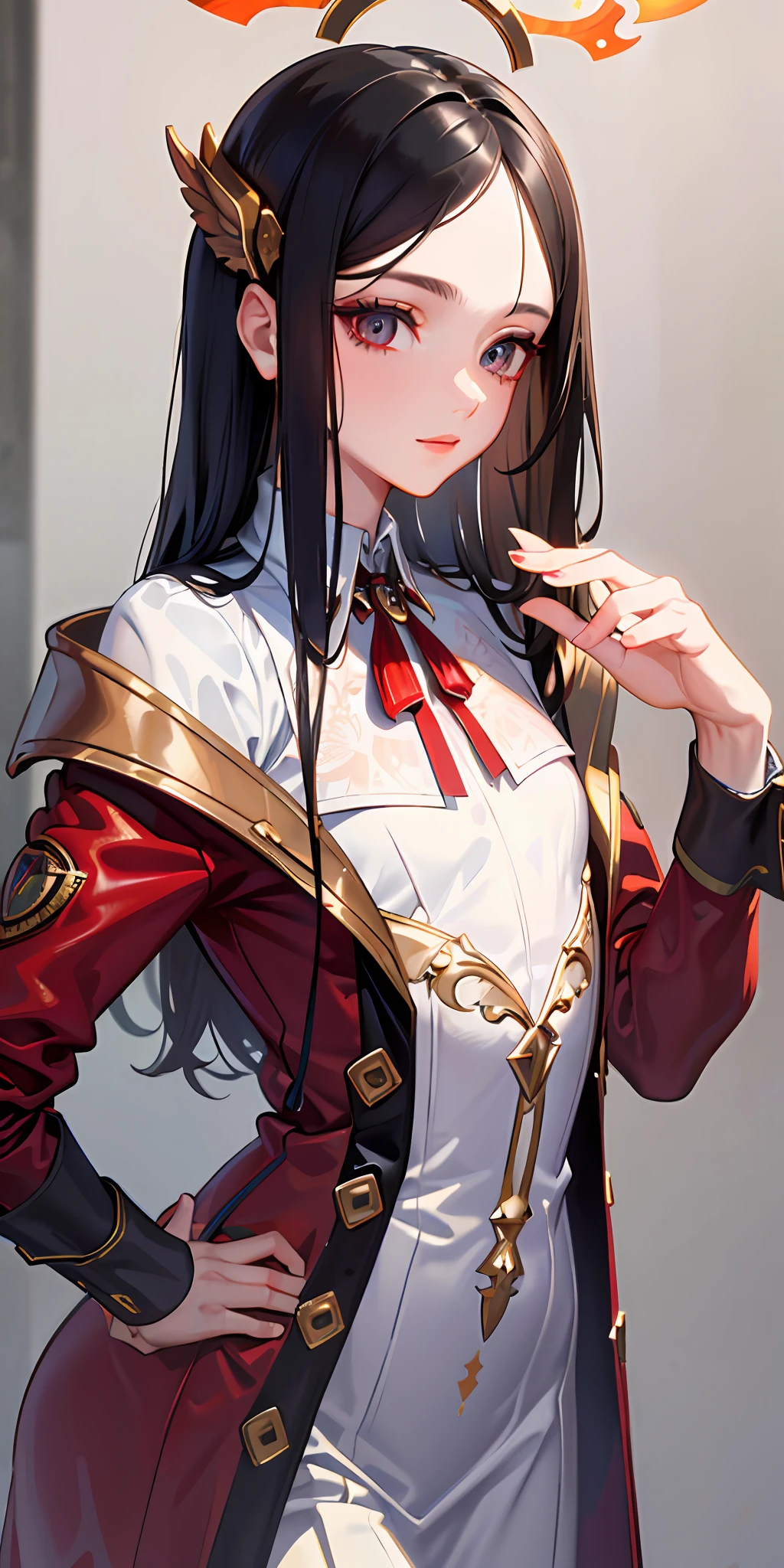 (masterpiece, sidelighting, finely detailed beautiful eyes: 1.2), (masterpiece*portrait), portrait, (bust), realistic, 3d face, lusious skin, ((solo)), (perfect face), (face close-up), scarlet eyes, hanging eye corners, (head and neck length 2 to 1), ((High detail skin, visible pores)), (Perfect body), beautiful steampunk girl, small ???????, Flame Emblem military uniform