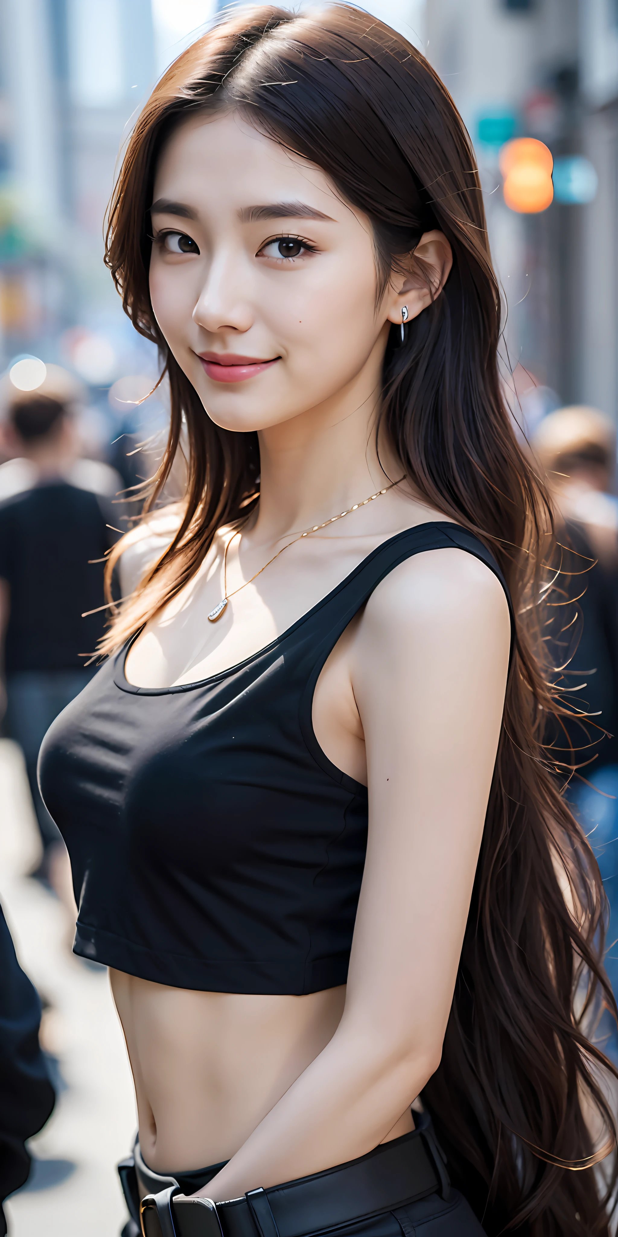 (extremely detailed CG unity 8k wallpaper), (masterpiece), (best quality), (ultra-detailed), (best illustration), (best shadow), (photorealistic:1.4),(PureErosFace_V1:0.5),real human skin, lens flare, shade, backlighting, depth of field, natural lighting, hard focus, film grain, looking at the viewer,
1 girl, 21 yo, solo, skinny, black t shirt, black pants, black mask, backpack, necklace, smile, pale skin, soft lips, (light eyebrow:1.4), brown eyes, black long wavy hair, (small breasts),
street(crowd:1.2)