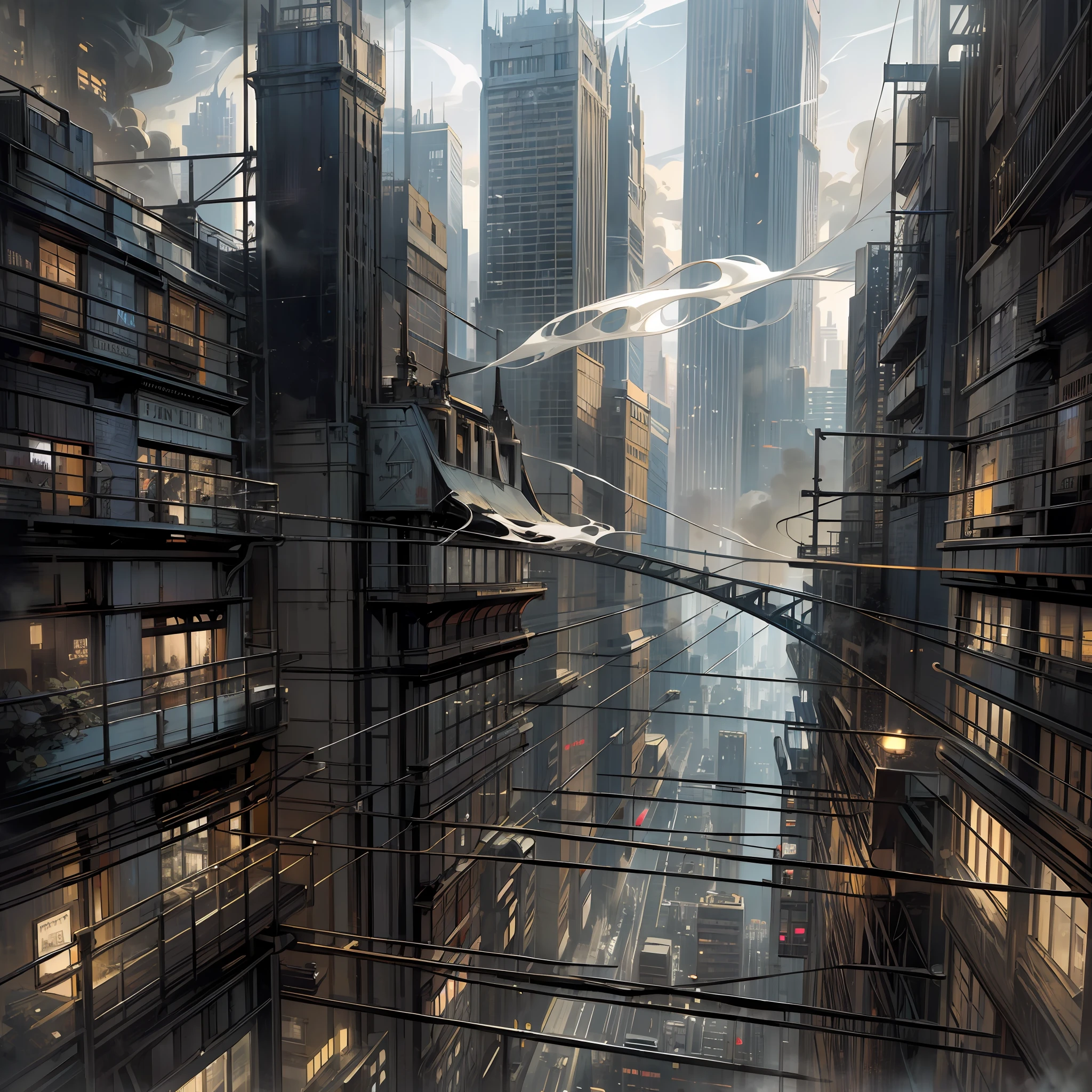 (masterpiece), best quality, ultra-detailed, intriguing cityscape, dark atmosphere, twinkling lights, high resolution, dynamic angle, smoke-soaked ata, gotham city:1.3, steel:1.2, platinum, ash), style of Frank Miller --auto --s2