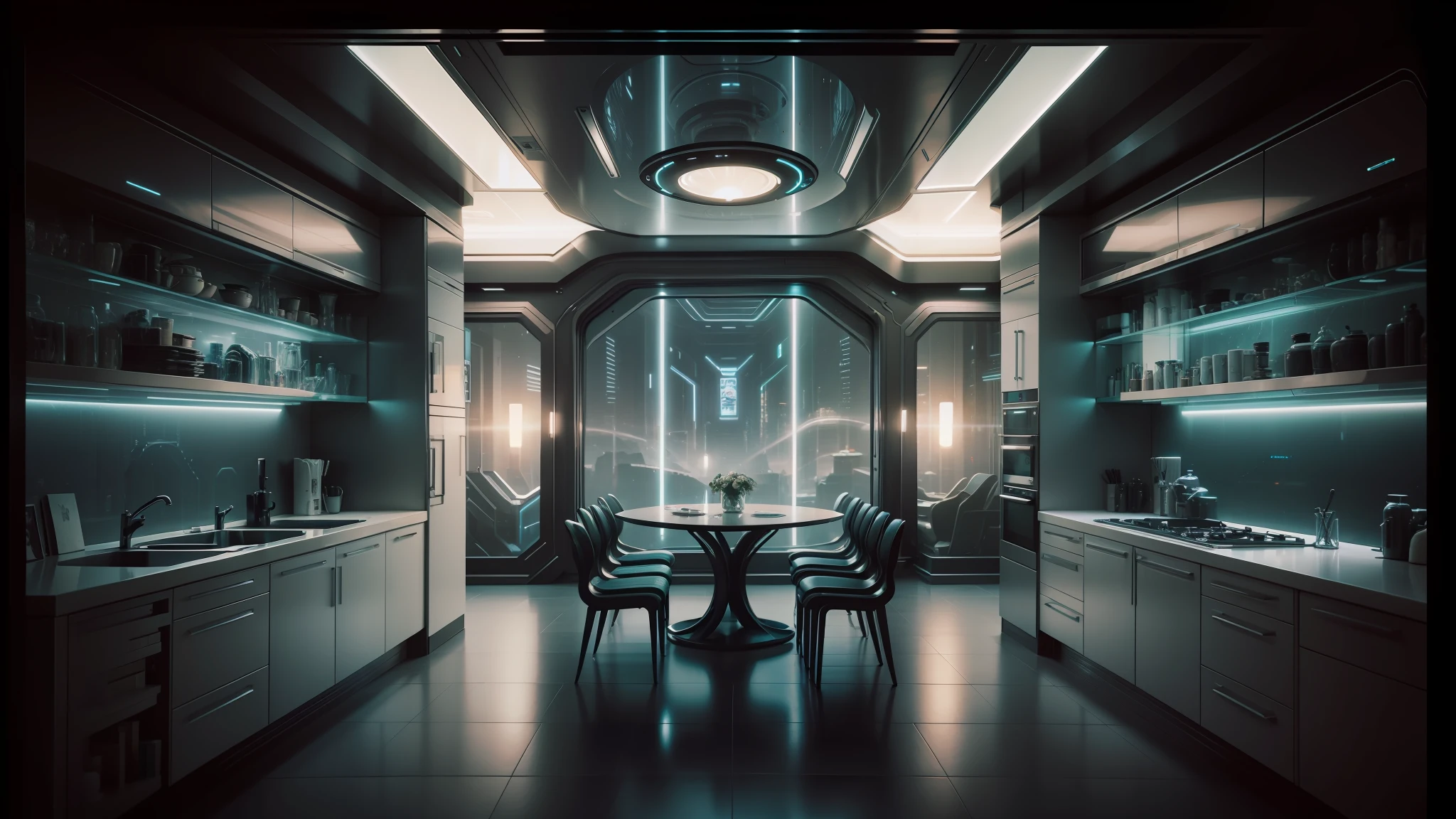 there is a dining room with a table and chairs in it, symmetrical. sci - fi, symmetrical!! sci-fi, cgsociety 9, sci - fi interior, from a 2 0 1 9 sci fi 8 k movie, frame from prometheus movie, futuristic. game cg, futuristic interior, cyberpunk apartment, scifi room, futuristic room background --auto --s2