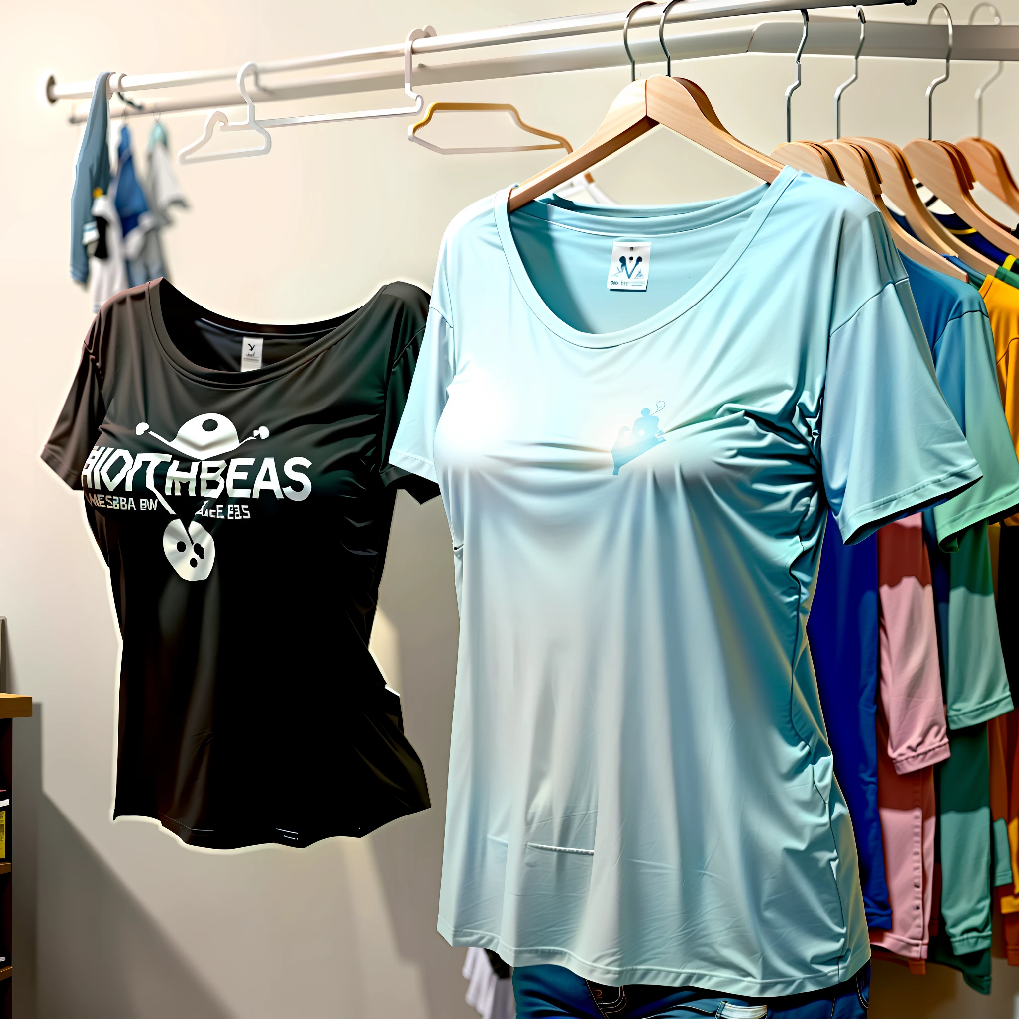 Invisible girls, world without humans, headless, t-shirts, (realistic: 0), headless, empty, handless, headless, invisible girls, t-shirts with cleavages, empty clothes, invisible body, invisible head, empty clothes, invisible girl, hanger t-shirts with cleavages, invisible body, invisible head, t-shirts has big breasts and cleavages, hanger t-shirts in a closet swells as if worn by invisible busty girls, girl's busty t-shirts begin to fold their sleeves and to raise their sleeves on its own as if worn by invisible girls, hanger t-shirts has big breasts and cleavages, high angle