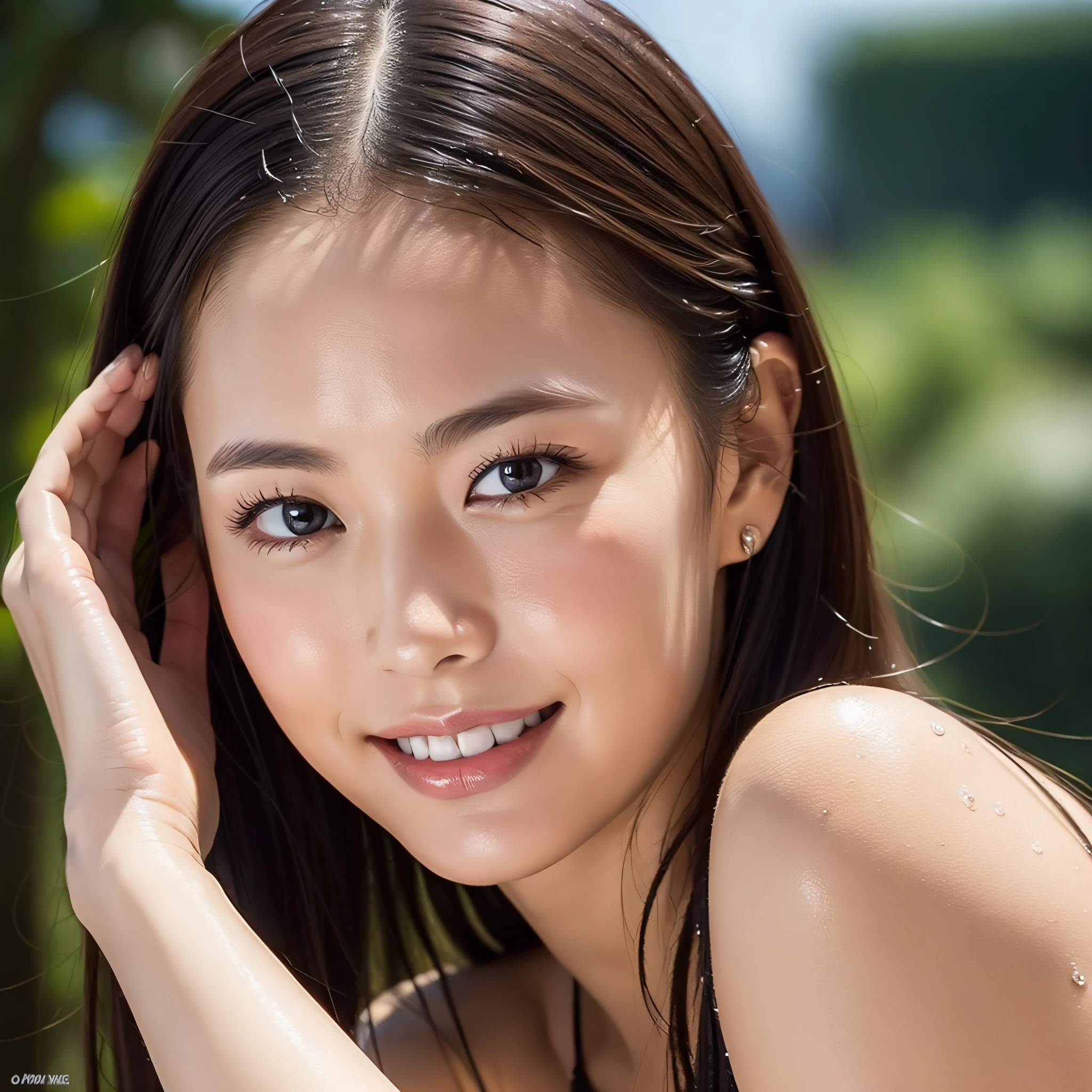 Highly detailed face and skin texture, detailed eyes, raising one hand, nape, turning around, wet, glossy shoulders, smile, naked