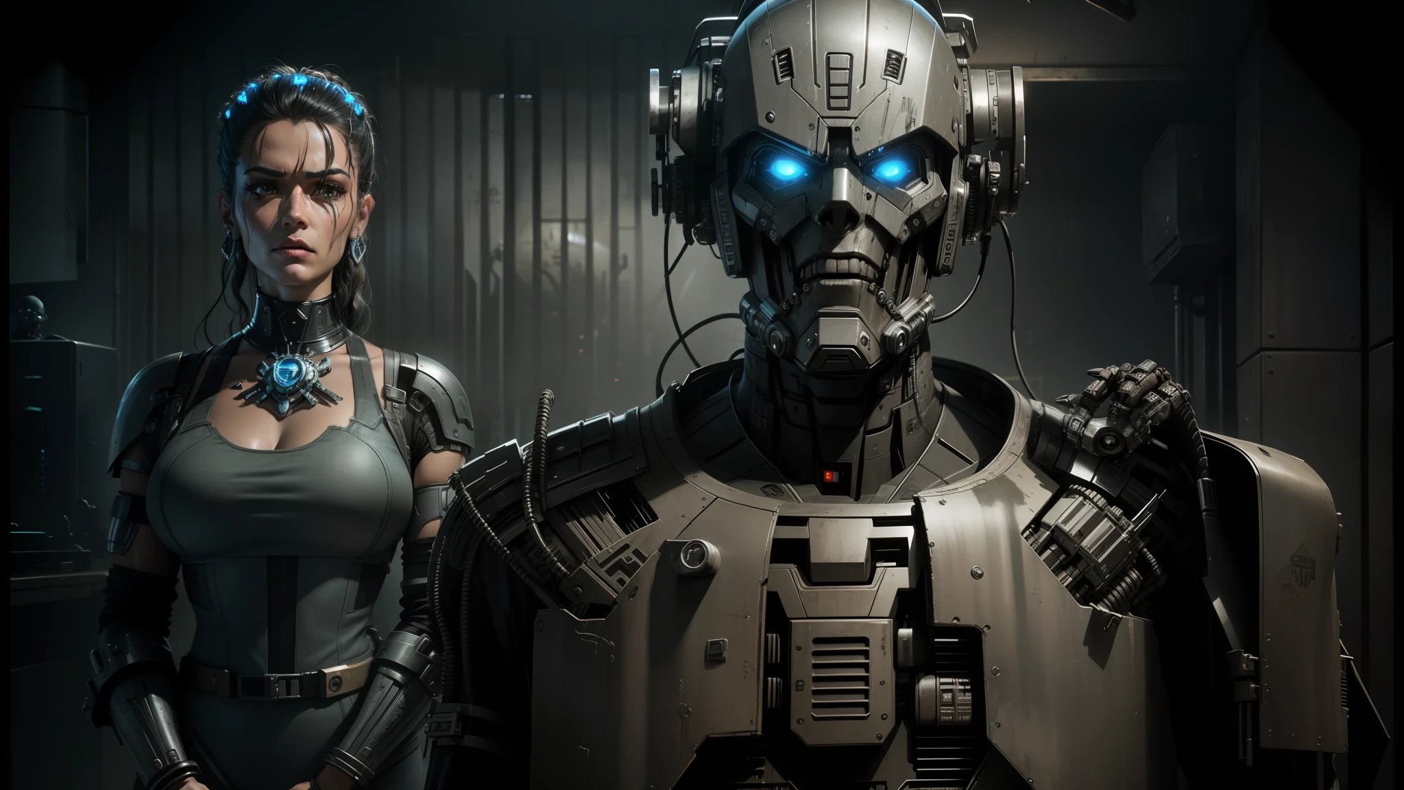 they are two robots standing next to each other in a room, movie still of aztec cyborg, movie still of a villain cyborg, movie still of a cyborg, movie still of a cool cyborg, still from the movie terminator, dieselpunk cyborgs, cyber steampunk 8 k 3 d, death and robots, movie still of cyborg, large metal jaw --auto --s2