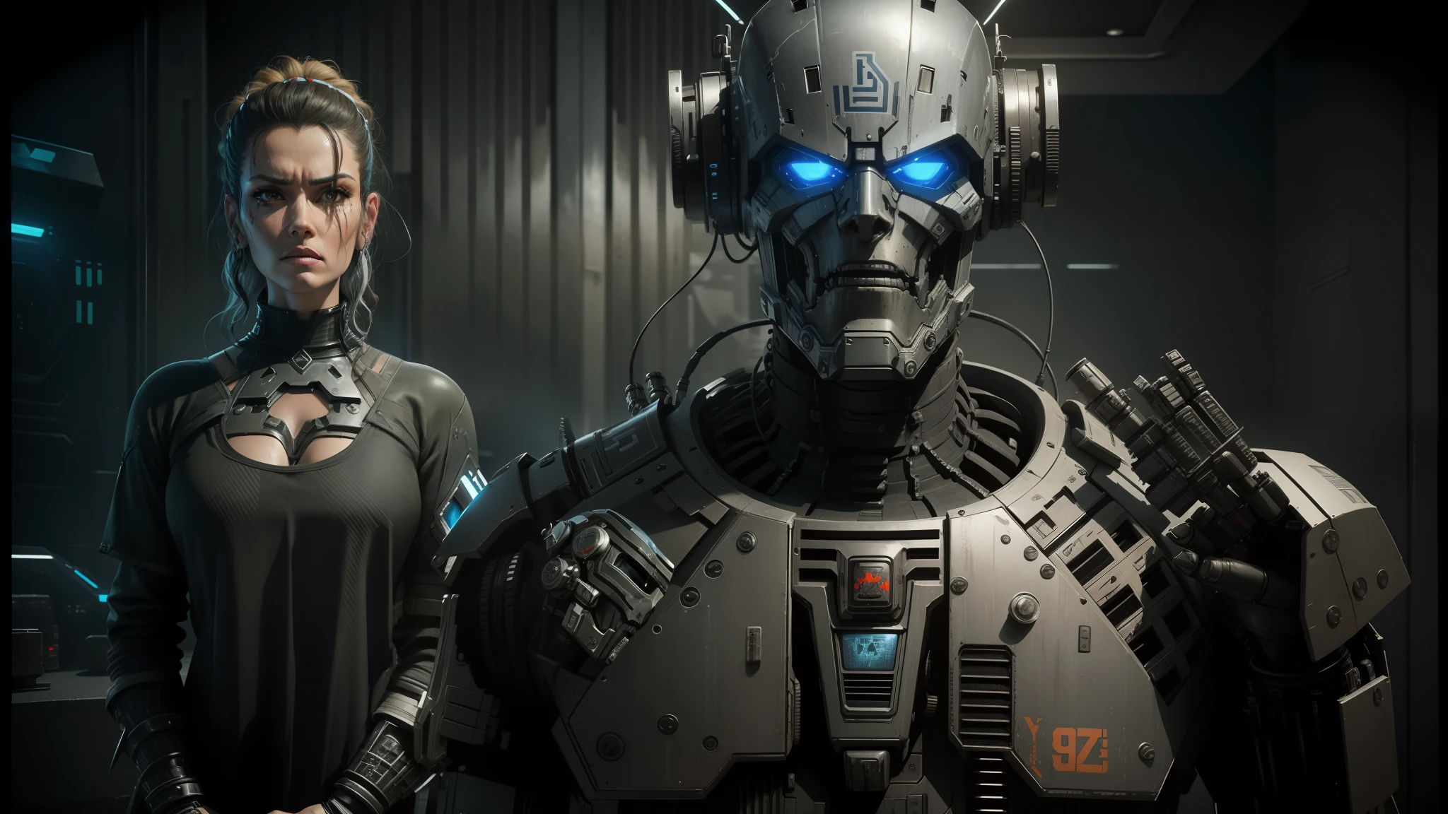 they are two robots standing next to each other in a room, movie still of aztec cyborg, movie still of a villain cyborg, movie still of a cyborg, movie still of a cool cyborg, still from the movie terminator, dieselpunk cyborgs, cyber steampunk 8 k 3 d, death and robots, movie still of cyborg, large metal jaw --auto --s2