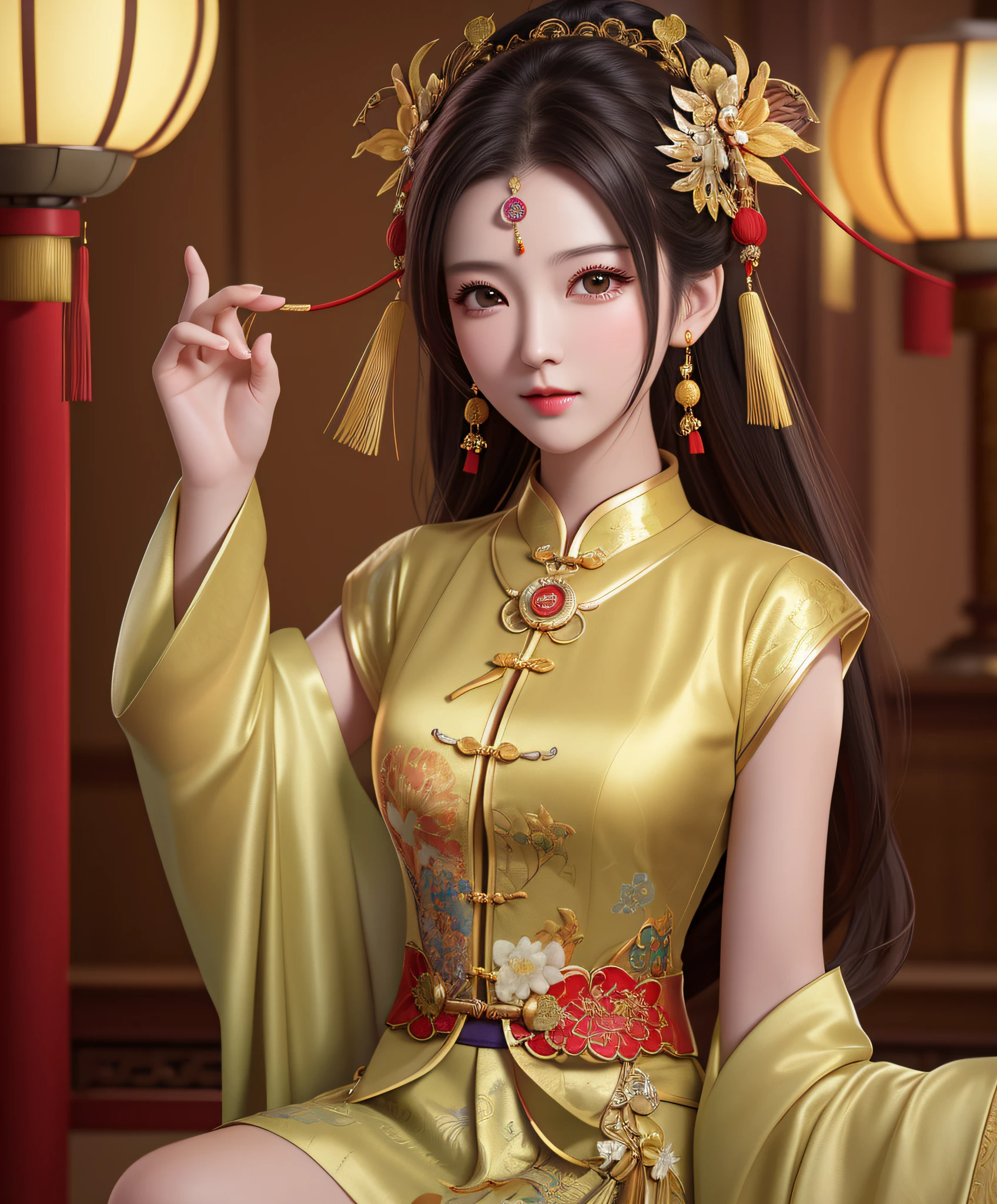 top quality, masterpiece, high resolution, girl single, cheongsam, hair ornament, necklace, jewelry, beautiful face, upon_body, tyndall effect, photorealistic, dark studio, rim lighting, two-tone lighting, (high definition skin: 1.2), 8k uhd, dslr, soft lighting, high quality, volumetric lighting, candid, photography, high resolution, 4k, 8k, bokeh,riding a chinese dragon,