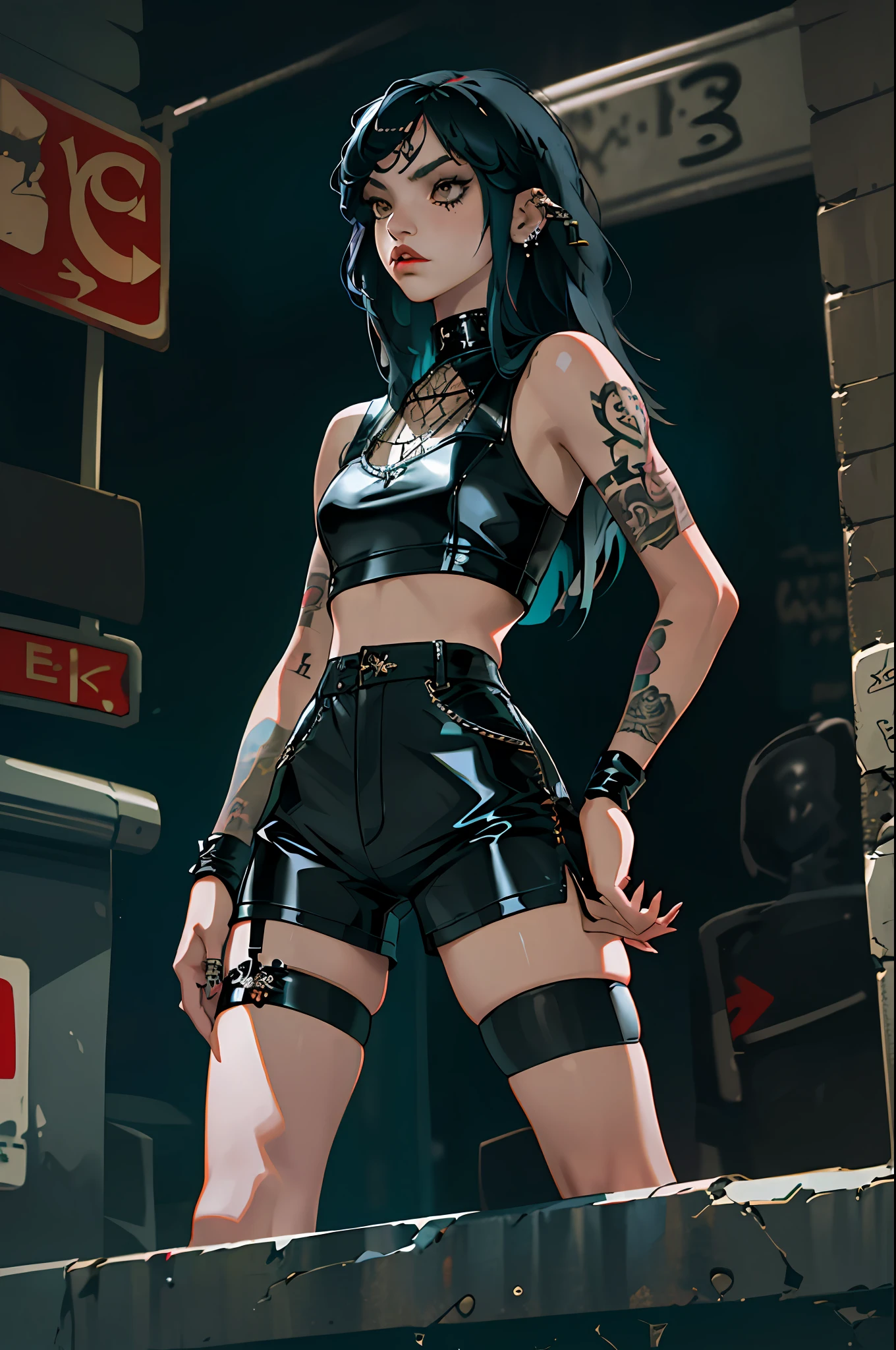 (best quality, masterpiece), 1girl, (emo girl, piercing:1.3), fishnet Stockings, latex shorts, tattoo, long hair, night, street,