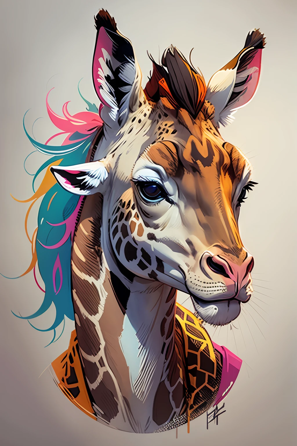[Mini giraffe] + [Digital illustration style] + [Silk Screen] + [Vectorized] + [Reticulated] + [Silk screen print, serigraph, planographic engraving] + [Vector Painting] + [on White Background: 1.4] + [Vibrant and bold colors] + [Close-up Composition] as a t-shirt logo in the style of art     7,  from: -1x-1,  0.5  Midjourney --auto --s2