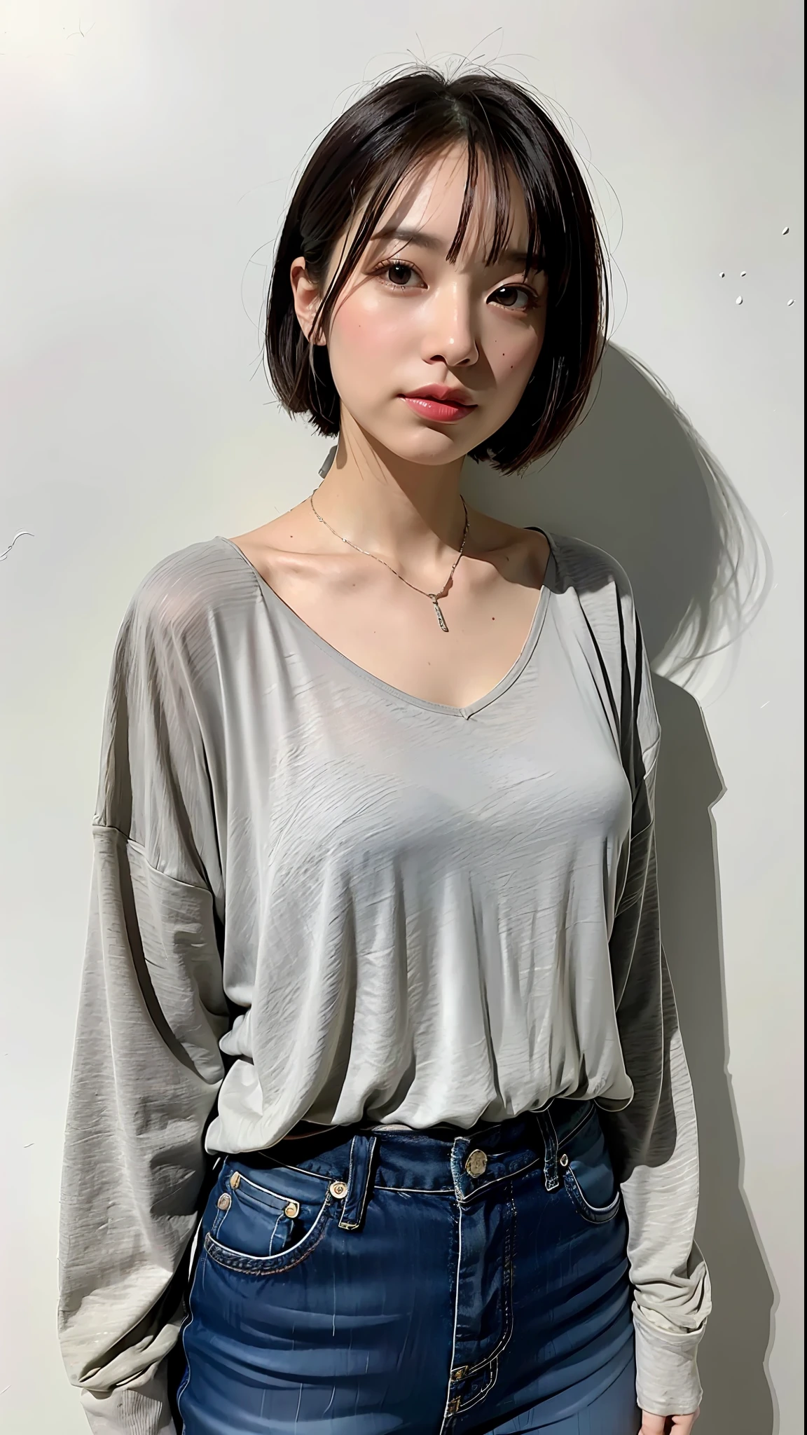 "Best Quality, 8k, 32k, Masterpiece, UHD: 1.2", "Cute Japan Woman Pictures", "Very Short Bob Hair", "Upper Body", ": 1.1) Silver Necklace", "Look Around", "Hemp Clothes"