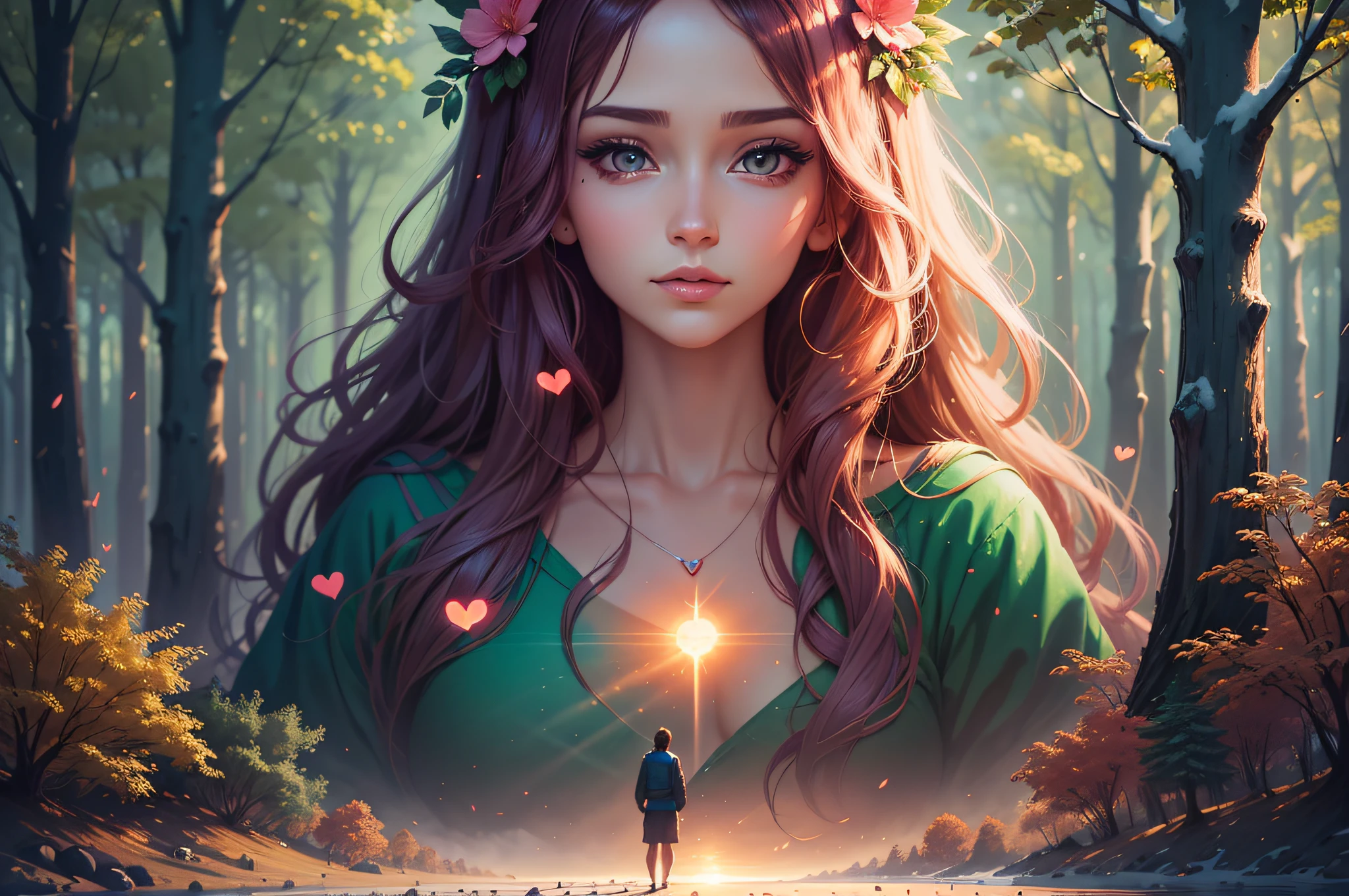 a heart shaped tree in the middle of a forest with a sunset in the background, concept art of love, inspired by Cyril Rolando, in style of cyril rolando, beautiful art uhd 4 k, jen bartel, 8k stunning artwork, beautiful art, ori, detailed fantasy digital art, beautiful digital art, beautiful detailed fantasy, very beautiful digital art --auto --s2