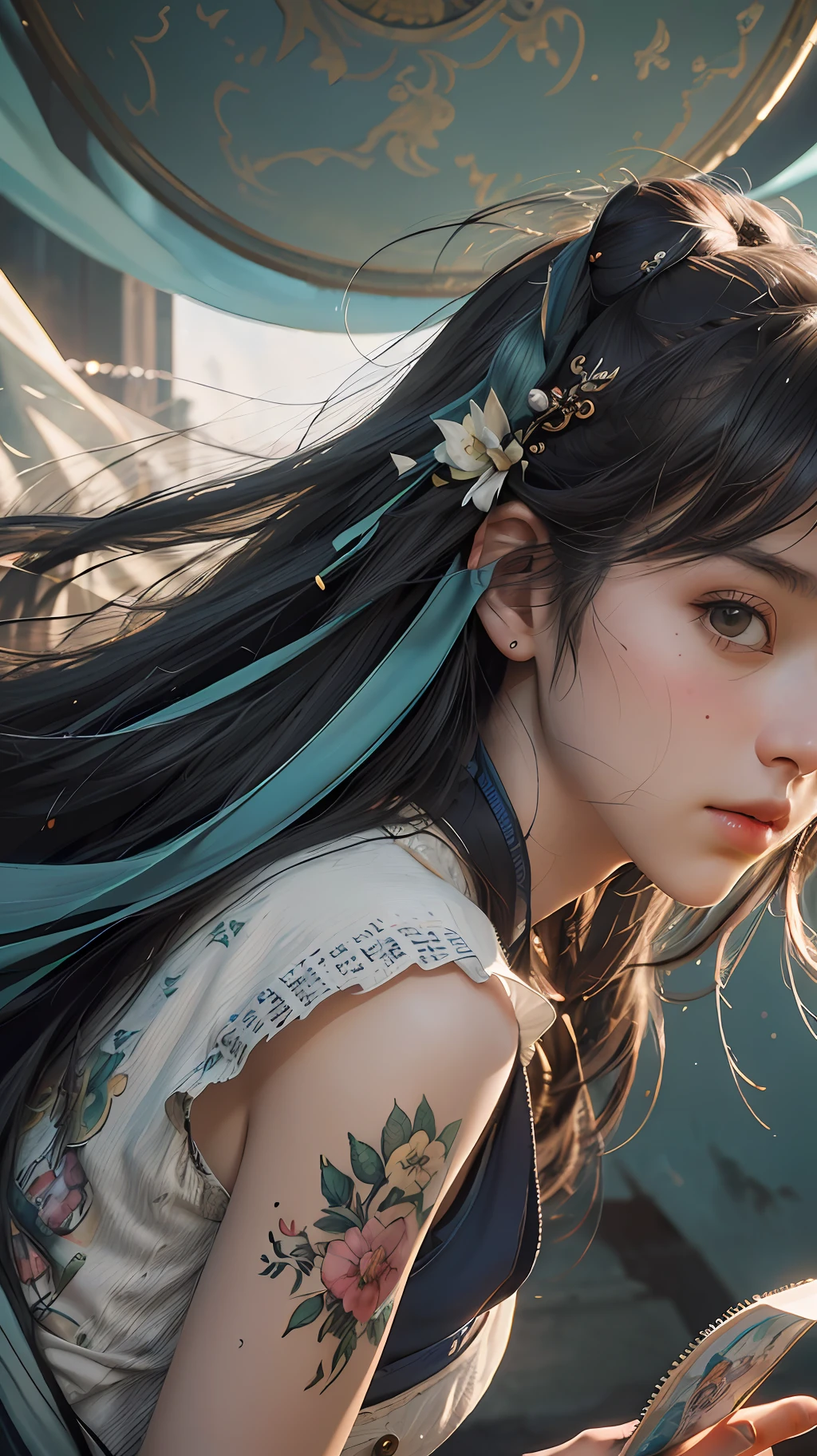 (RAW photo, best quality), (realistic, photo-realistic:1.3),best quality,highly detailed,masterpiece,ultra-detailed,illustration,1girl,upper_body,dynamic angle,world masterpiece theater,messy_long_hair,best quality,extremely detailed CG unity 8k wallpaper,ink,Amazing,cinematic lighting,lens_flare, dunhuang_style