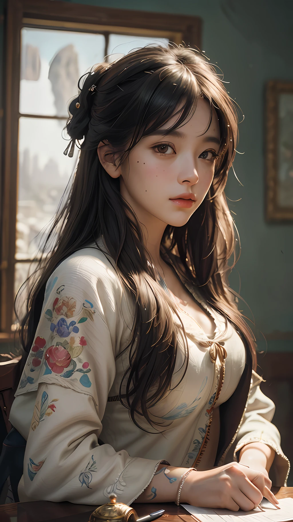 (RAW photo, best quality), (realistic, photo-realistic:1.3),best quality,highly detailed,masterpiece,ultra-detailed,illustration,1girl,upper_body,dynamic angle,world masterpiece theater,messy_long_hair,best quality,extremely detailed CG unity 8k wallpaper,ink,Amazing,cinematic lighting,lens_flare, dunhuang_style
