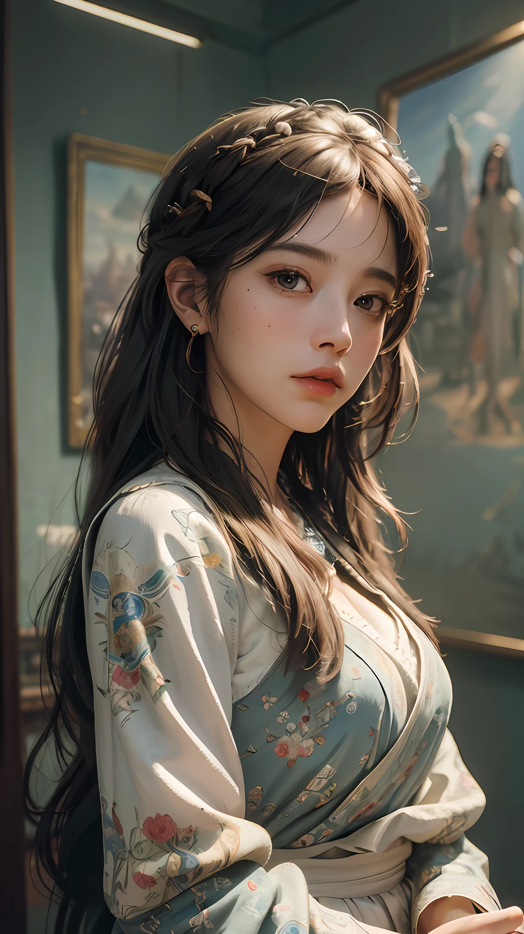 (RAW photo, best quality), (realistic, photo-realistic:1.3),best quality,highly detailed,masterpiece,ultra-detailed,illustration,1girl,upper_body,dynamic angle,world masterpiece theater,messy_long_hair,best quality,extremely detailed CG unity 8k wallpaper,ink,Amazing,cinematic lighting,lens_flare, dunhuang_style