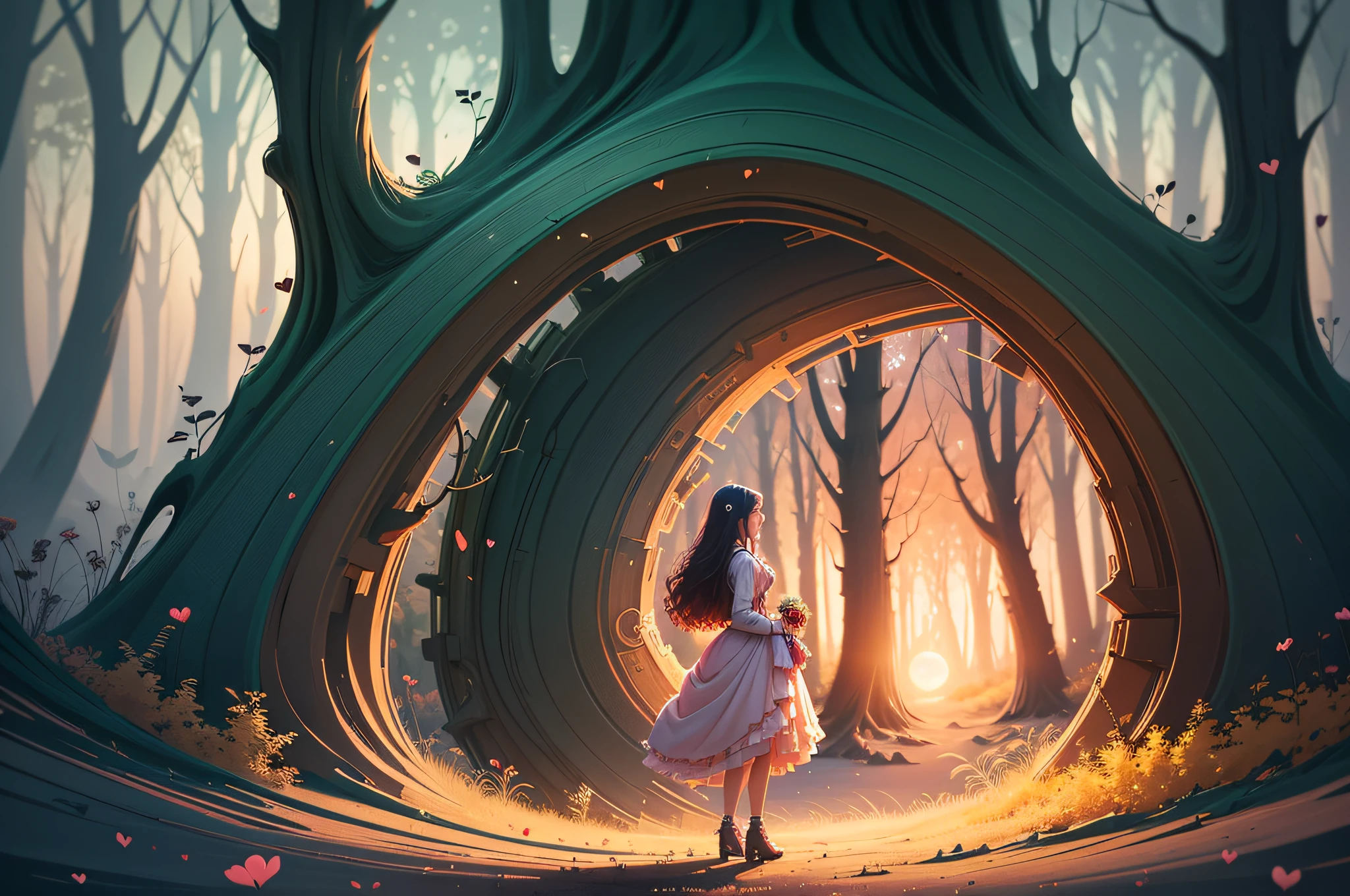 a heart shaped tree in the middle of a forest with a sunset in the background, concept art of love, inspired by Cyril Rolando, in style of cyril rolando, beautiful art uhd 4 k, jen bartel, 8k stunning artwork, beautiful art, ori, detailed fantasy digital art, beautiful digital art, beautiful detailed fantasy, very beautiful digital art --auto --s2