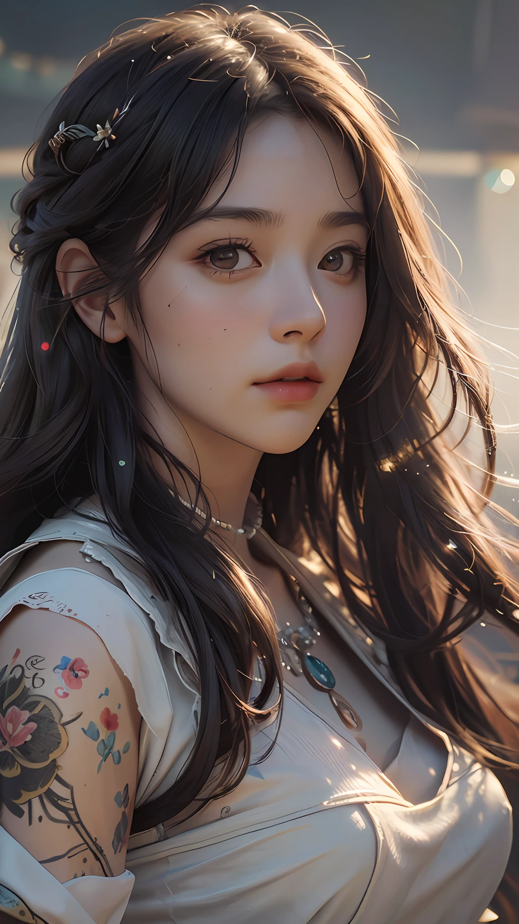 (RAW photo, best quality), (realistic, photo-realistic:1.3),best quality,highly detailed,masterpiece,ultra-detailed,illustration,1girl,upper_body,dynamic angle,world masterpiece theater,messy_long_hair,best quality,extremely detailed CG unity 8k wallpaper,ink,Amazing,cinematic lighting,lens_flare, dunhuang_style