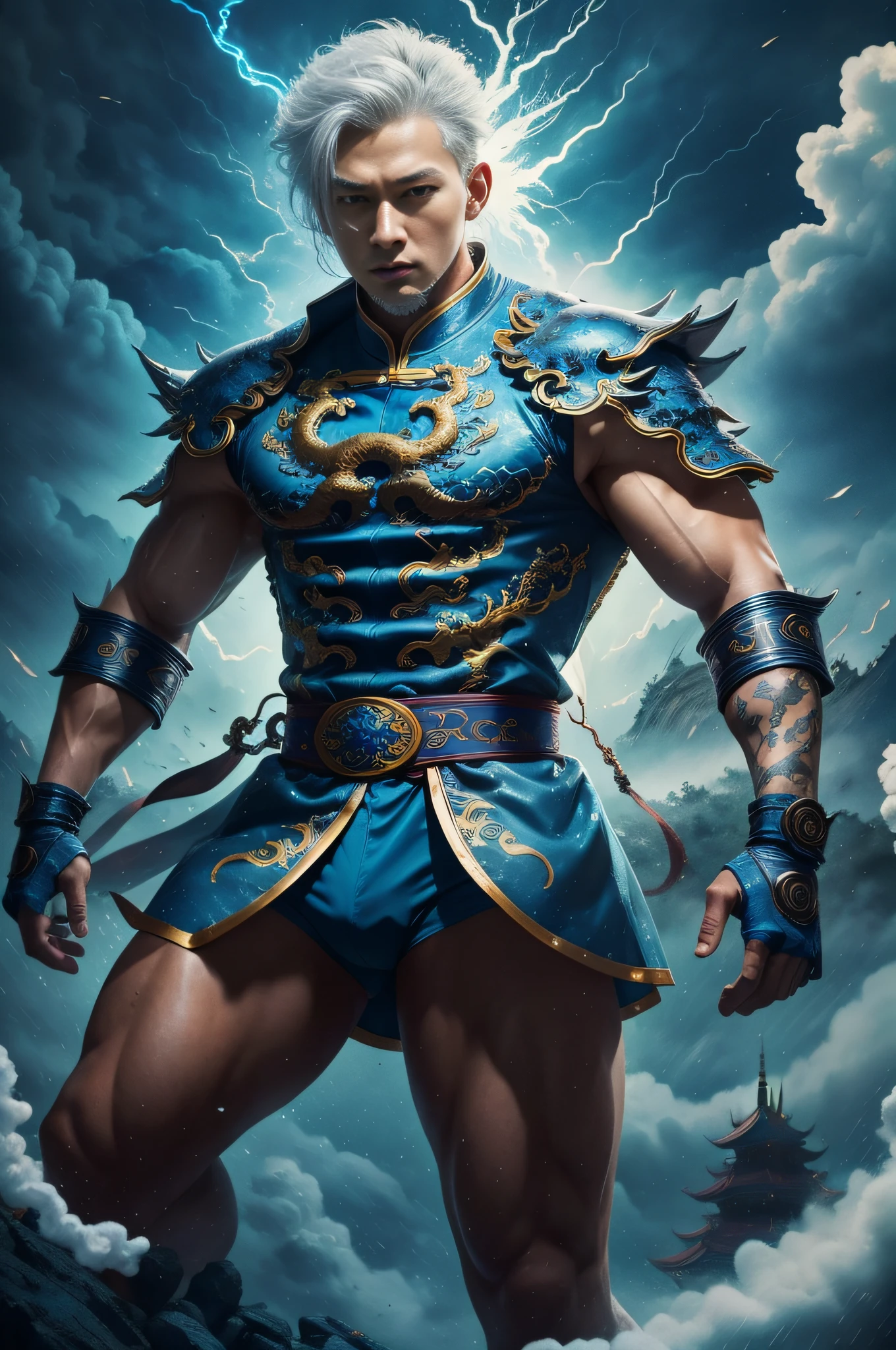 Handsome, 25 years old, Asian, master work, best picture quality, higher quality, high detail, super high resolution, (realistic: 1.4) 8k resolution, delicate facial features, boys, big muscles, tattoos, glowing eyes, short hair, white hair, hair details, (full body: 0.6), detailed background , [[look away, look to the side, emphasize homosexuality and pay attention to every detail , open Hanfu transparent tulle jacket, white rubber pants, circling dragon, Chinese garden background (crotch bulge), The body is full of thunder and lightning, (((((blue thunder)))) blue thunderbolt, fa gong, wind and thunder art, Chinese kung fu, fingerless gloves, wristbands, dragon theme costumes, monk robes, spinning floating particles, dynamic composition, heavy rain background, very many thunder and lightning flashing, night black background