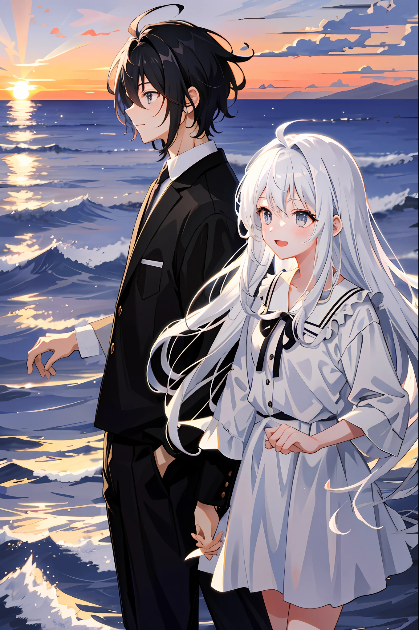 Anime, highest quality, extreme light and shadow, master composition, a couple, side view, , girl white hair gray eyes happy cute, boy black hair black eyes hair messy unruly laughter, background seaside, sunset, beautiful sky, shadow enhancement