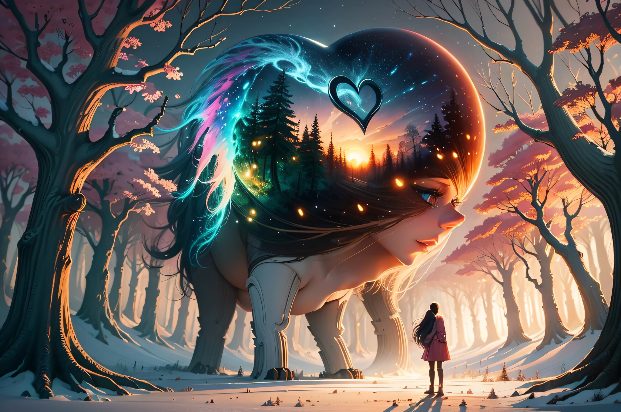 a heart shaped tree in the middle of a forest with a sunset in the background, concept art of love, inspired by Cyril Rolando, in style of cyril rolando, beautiful art uhd 4 k, jen bartel, 8k stunning artwork, beautiful art, ori, detailed fantasy digital art, beautiful digital art, beautiful detailed fantasy, very beautiful digital art --auto --s2