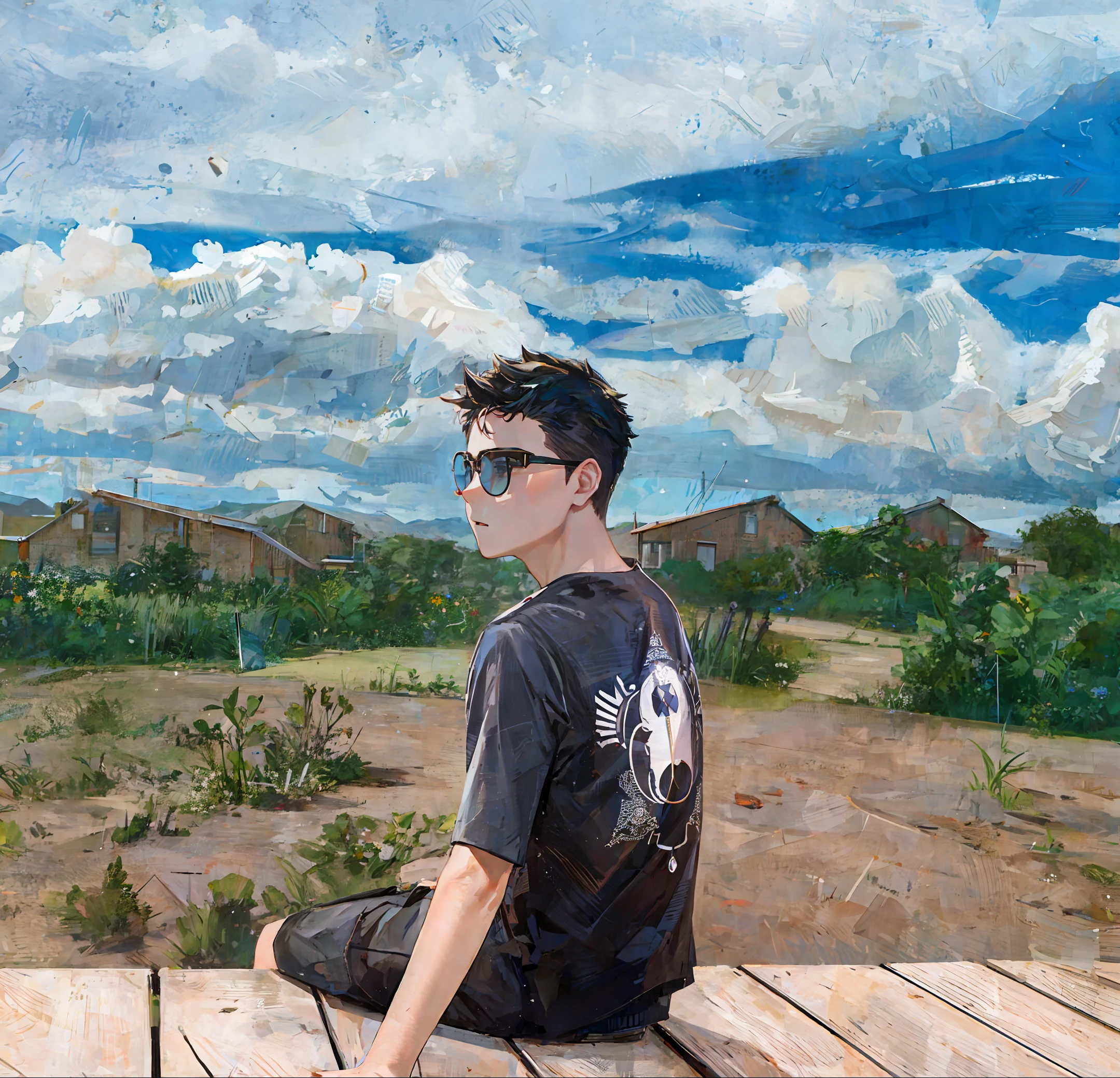 ((masterpiece, top quality)), (complex light), 1 boy, full body, solo, child, shaved head, black hair, glasses, white and navy blue border shirt, black shorts, walking, waterside,