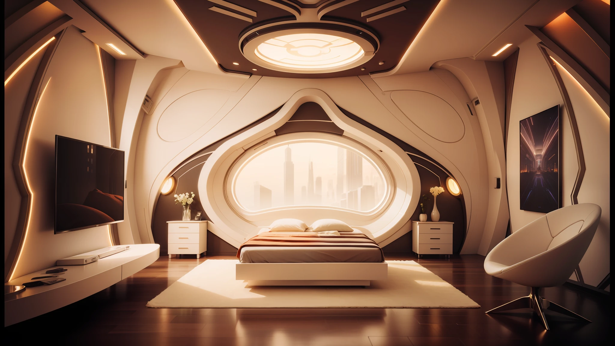 arafed bedroom with a bed and a tv in it, cozy 9 0 s bedroom retrofuturism, futuristic room, futuristic room background, retro futuristic apartment, futuristic interior, futuristic decor, futuristic architectural art, futuristic decoration, cgsociety 9, futuristic. game cg, large futuristic residence, detailed futuristic architecture, futuristic design, futuristic house, futuristic persian palace, futuristic furniture --auto --s2
