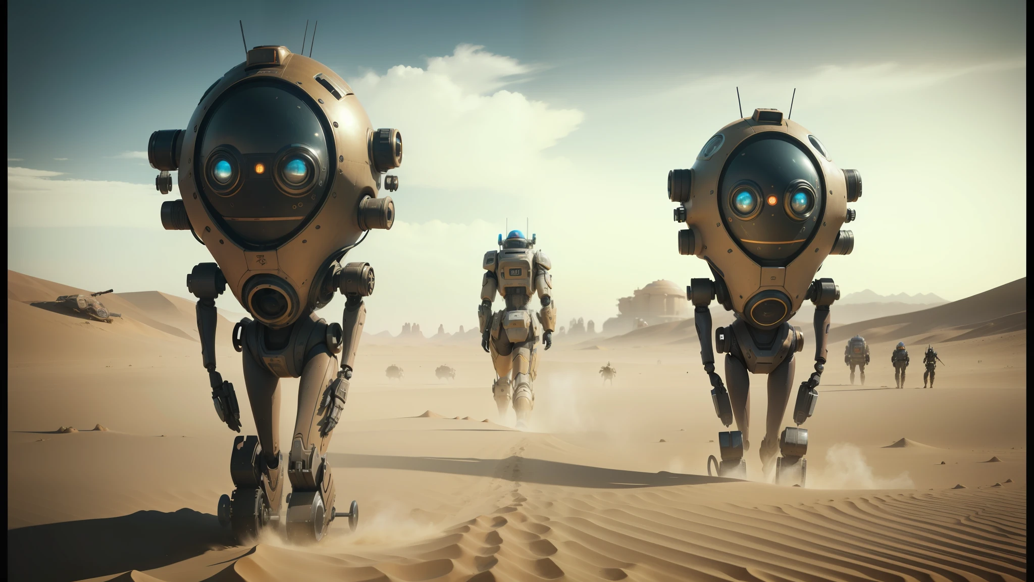 there are two robots walking in the sand in the desert, machines and futurist robots, steampunk desert background, death and robots, steampunk fiction, sci-fi steampunk, space opera and dystopian style, mars invasion 2 0 3 3 - 2 0 4 2, science fiction elements, film still from movie dune-2021, beautiful robot character design, futuristic robots --auto --s2