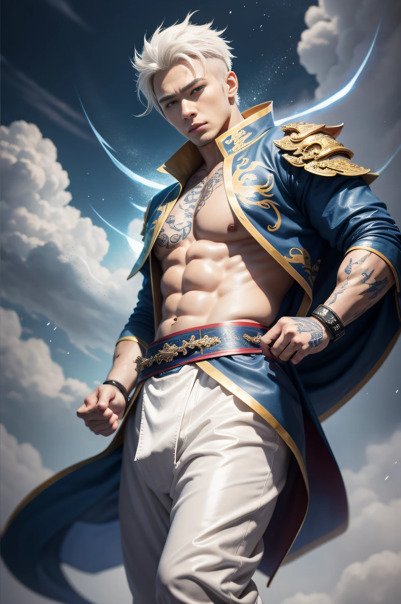 Handsome guy, 25 years old, Asian, master work, best picture quality, higher quality, high detail, super high resolution, (realistic: 1.4) 8k resolution, delicate facial features, boys, big muscles, tattoos, glowing eyes, short hair, white hair, hair details, (full body: 0.6), detailed background , [[Look away, look to the side, emphasize homosexuality and pay attention to every detail , open Hanfu transparent tulle jacket, white rubber pants, circling dragon, Chinese courtyard background (crotch bulge), thunder, ((((Blue Thunder)))) Blue Thunderbolt, Fa Gong, Wind and Thunder Technique, Chinese Kung Fu, Fingerless Gloves, Wristbands, Dragon Themed Costumes, Monk Robe, Rotating Floating Particles, Dynamic Composition, Heavy Rain Background, Very Many Thunder and Lightning Flashes