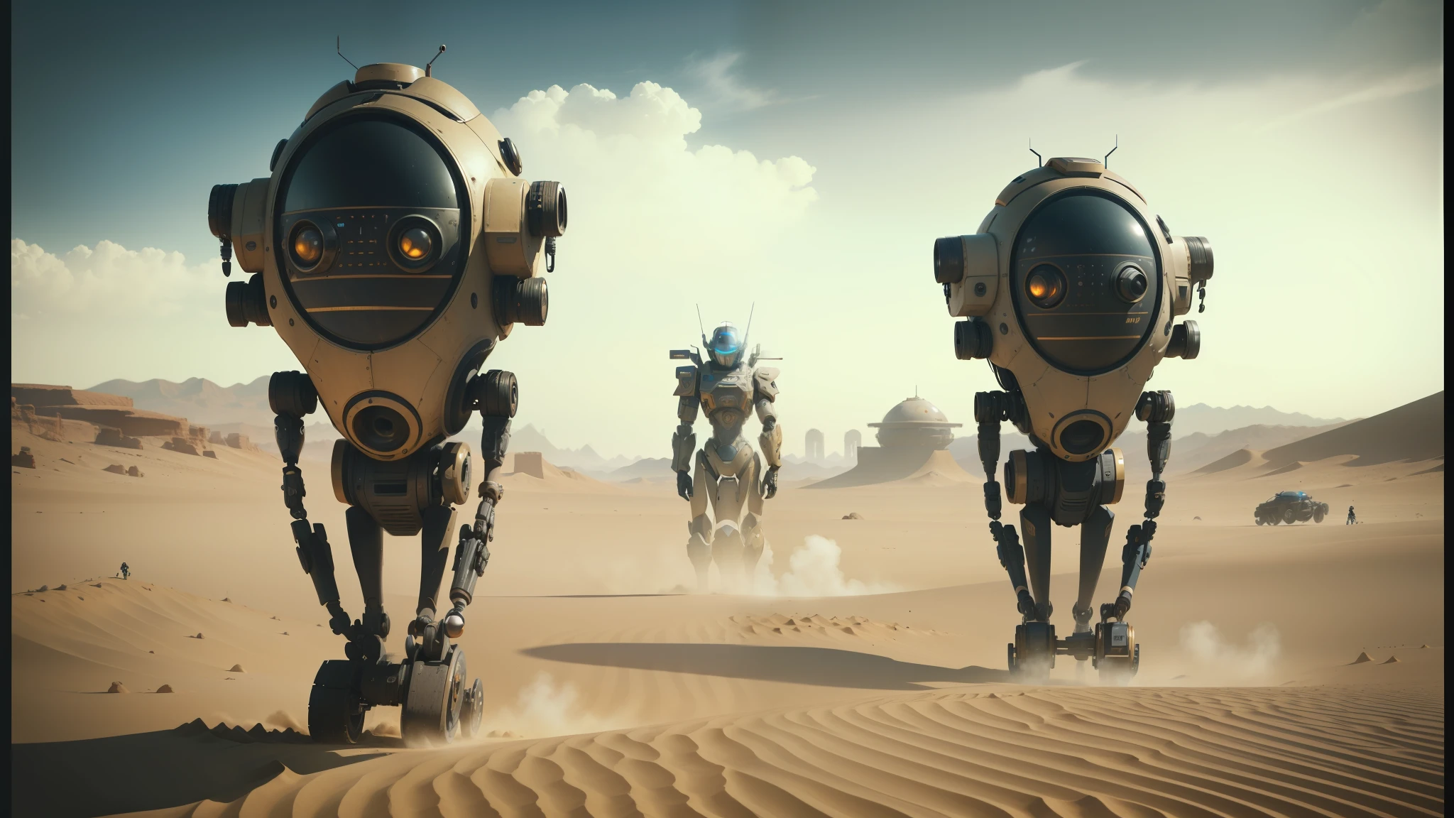 there are two robots walking in the sand in the desert, machines and futurist robots, steampunk desert background, death and robots, steampunk fiction, sci-fi steampunk, space opera and dystopian style, mars invasion 2 0 3 3 - 2 0 4 2, science fiction elements, film still from movie dune-2021, beautiful robot character design, futuristic robots --auto --s2