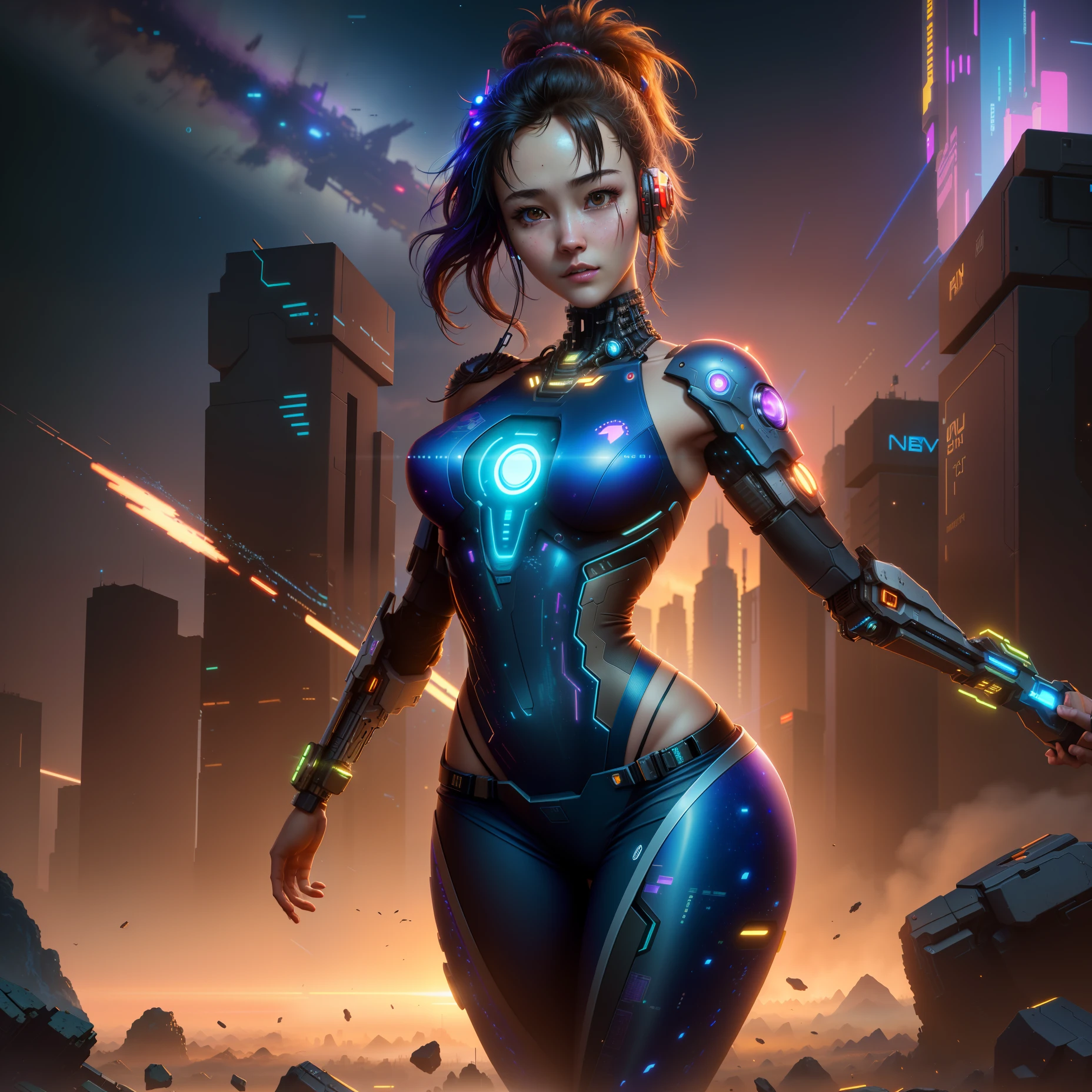 ((Best Quality)), ((Masterpiece)), (High Definition:1.3), 3D, Beautiful, (Cyberpunk:1.6), Universe, Nebula, (holding_weapon:1.3), Laser, (1 Female Mecha:1.3), Sexy Body, Facing the Audience, Glowing Eyes, Full Body, (Fly, Swoop, Dynamic, Motion Blur: 1.4), (Giant Mech Wings: 1.6), Look Up, glowing_eyes, Mechanics, Panorama, Earth Background, Nebula, Space, Particles, Reality, HDR (High Dynamic Range), Ray Tracing, NVIDIA RTX, Super Resolution, Unreal 5, Subsurface Scattering, PBR Textures, Post-Processing, Anisotropic Filtering, Depth of Field, Maximum Clarity and Clarity, Multilayer Textures, Albedo and specular maps, surface shading, accurate simulation of light material interactions, perfect proportions, octane rendering, two-tone lighting, large aperture, low ISO, white balance, rule of thirds, 8K RAW, efficient subpixel, subpixel volume product, (best quality), (Japanese:0.5), (Korean: 0.8), (Liu Yifei: 1.5) Long Hair, (Big: 1.2), (Under: 1.5), (White Transparent Lace Mini Skirt: 1.5) No Bra