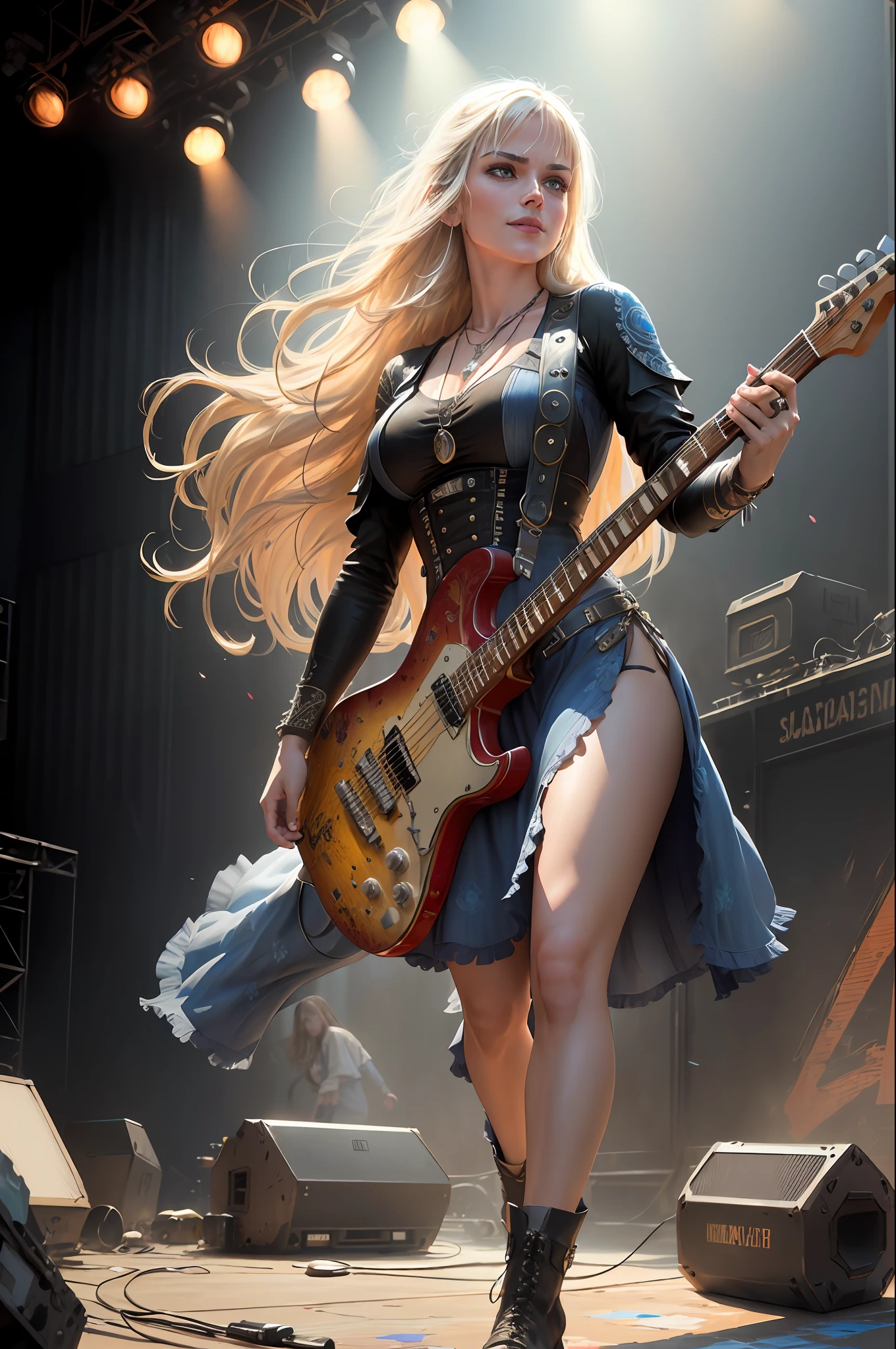 full body, walking pose, slow motion, a woman rocking a guitar, heavy tattoo girl with blue short dress, (detail fabric clothing ), red boots, heavy metal and leather guitar stitched, tattoo on the chest, wildly long blonde hair, detail face, ((highly detailed skin, visible pores, long hair with necklace detail jewellery)), tone body, large breasts, (insanely detailed, bloom:1.5), (highest quality, Alessandro Casagrande, Greg Rutkowski, Sally Mann, concept art, 4k), (analog:1.2), (high sharpness), (detailed pupils:1.1), (painting:1.1), (digital painting:1.1), detailed face and eyes, Masterpiece, best quality, (gothic makeup, eyes sahdow and smirking smile, sexy, sensual, skinny, thick bangs, beauty), (highly detailed photo:1.1), 8k, photorealistic, automatic white balance, mastoid process, invisible hand, HDR, ((detail background, big concert stage, live performance mucis festival, rock band)), By jeremy mann, by sandra chevrier, by maciej kuciara, sharp, (perfect body:1.1), realistic, real shadow, 3d, (by Michelangelo)