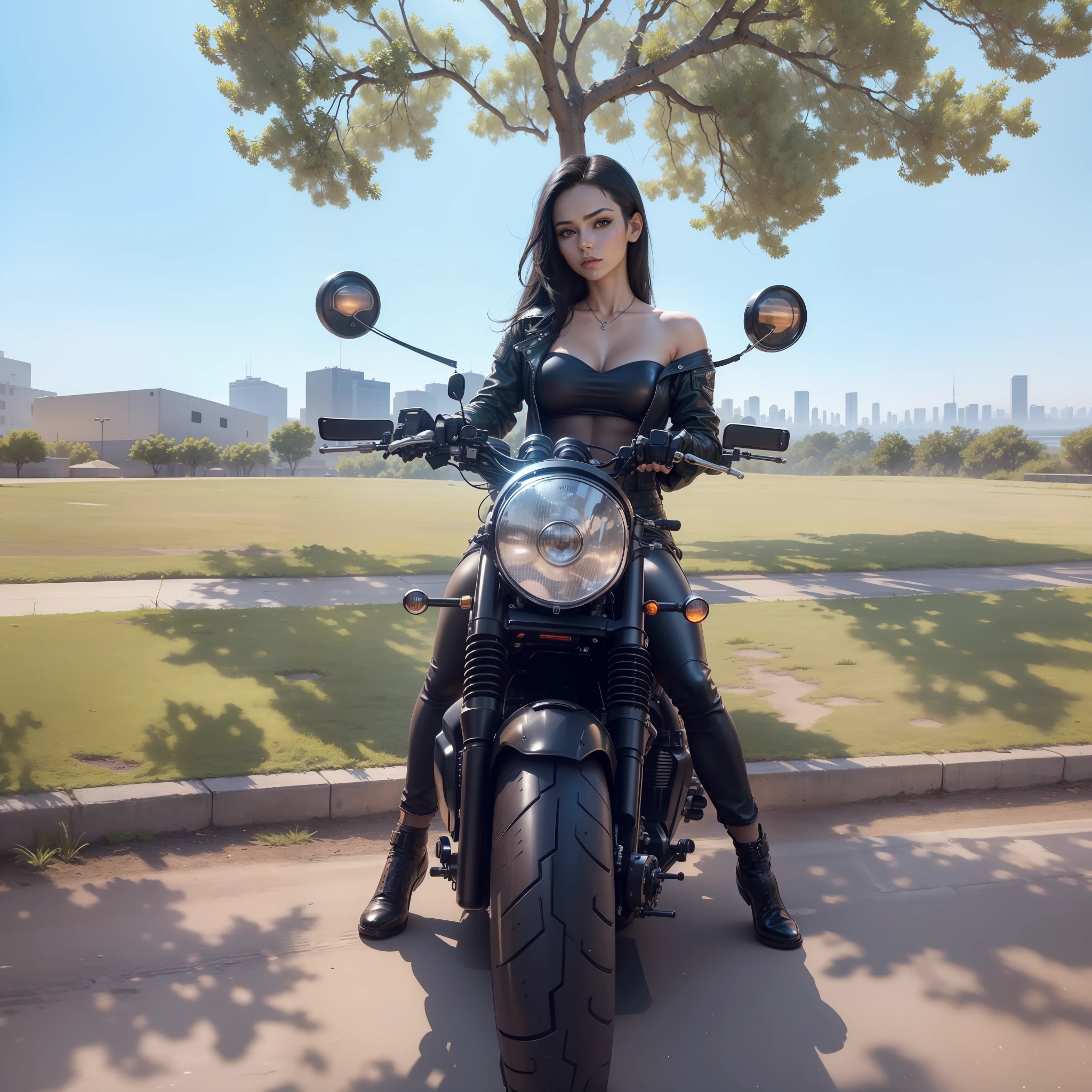 "Masterpiece, high quality, detailed, high resolution, 4k, 8k, realistic skin texture, amazing shadows, perfect lighting, hyper-realistic." A woman in black leather clothes sci-fi (dark hair, fair skin, toned body, brown eyes, navel), cyberpunk city background, on her motorcycle