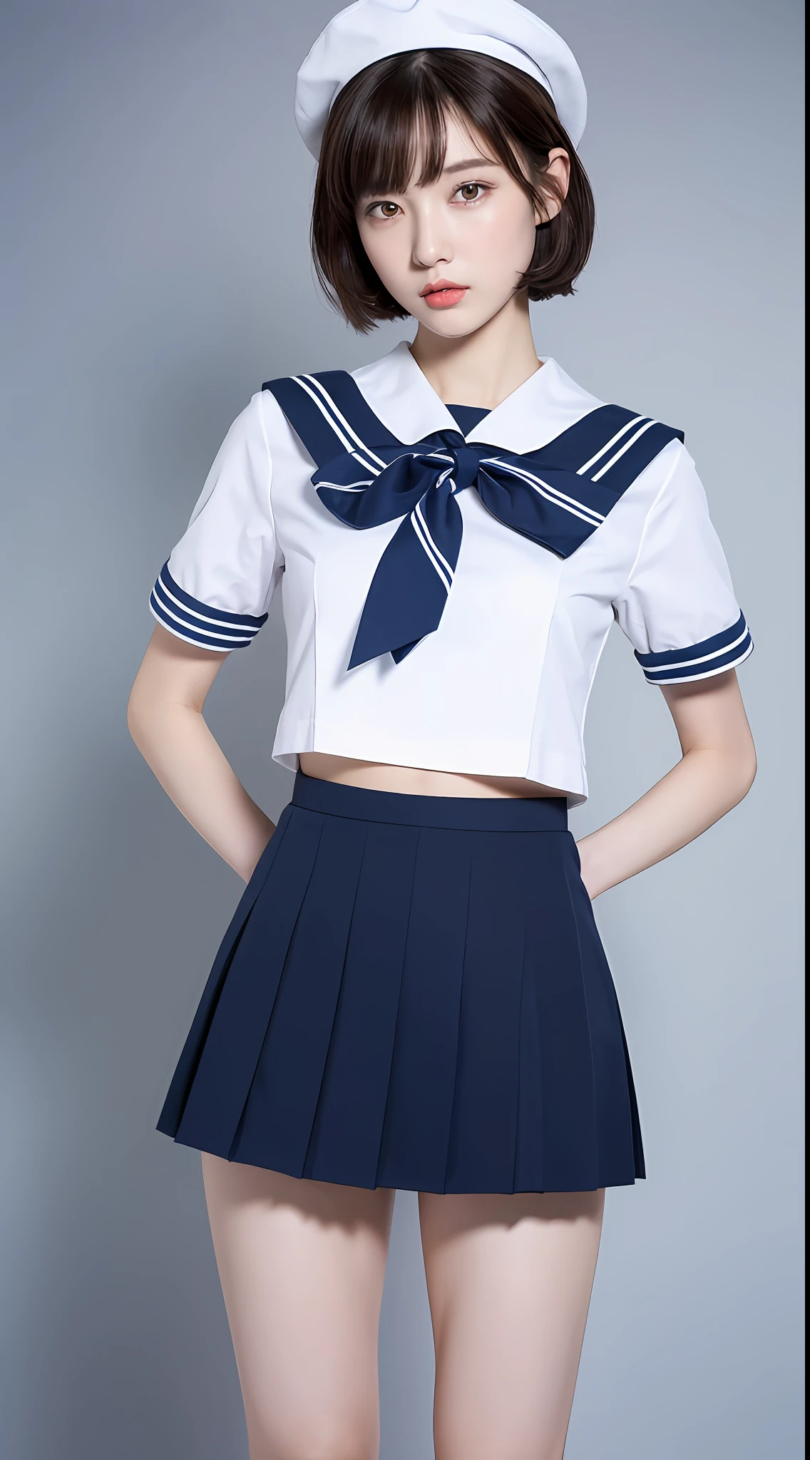 ((top quality, 8k, masterpiece: 1.3)), 1 girl, beauty with slender abs: 1.3, (medium short hair, big: 1.2), sailor suit: 1.1, ultra-detailed face, detailed eyes, double eyelids, black pleated skirt, full body,