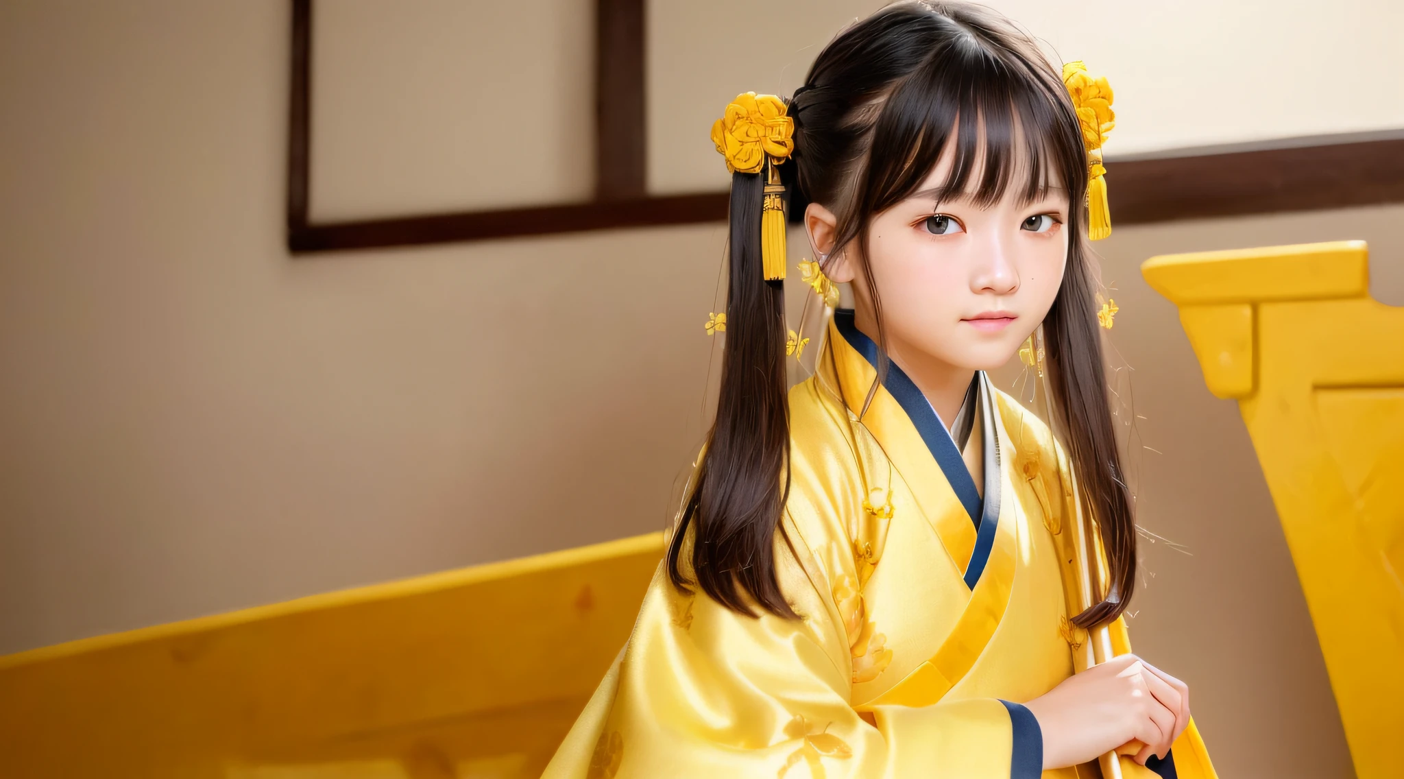 (ultra high res, photorealistic, realistic, best quality, photo-realistic), (highly detailed skin, visible pores), (real person, photography), (((yellow hanfu, Chinese style)))), realistic, YELLOW background, upper body, (8k, raw photo, best quality, masterpiece), (1 girl RUSSIAN BLONDE CHILD PORTRAIT ), photon mapping, radiosity, physics-based rendering, automatic white balance, ((haunting smile, long hair)), watery eyes, (blush|cute and playful|lovely|thin|thick bangs|beauty|twintail|hair bun,),(looking at the viewer),(irises and pupils are rounded,pupil reflects the environment,eyes are not the same size),