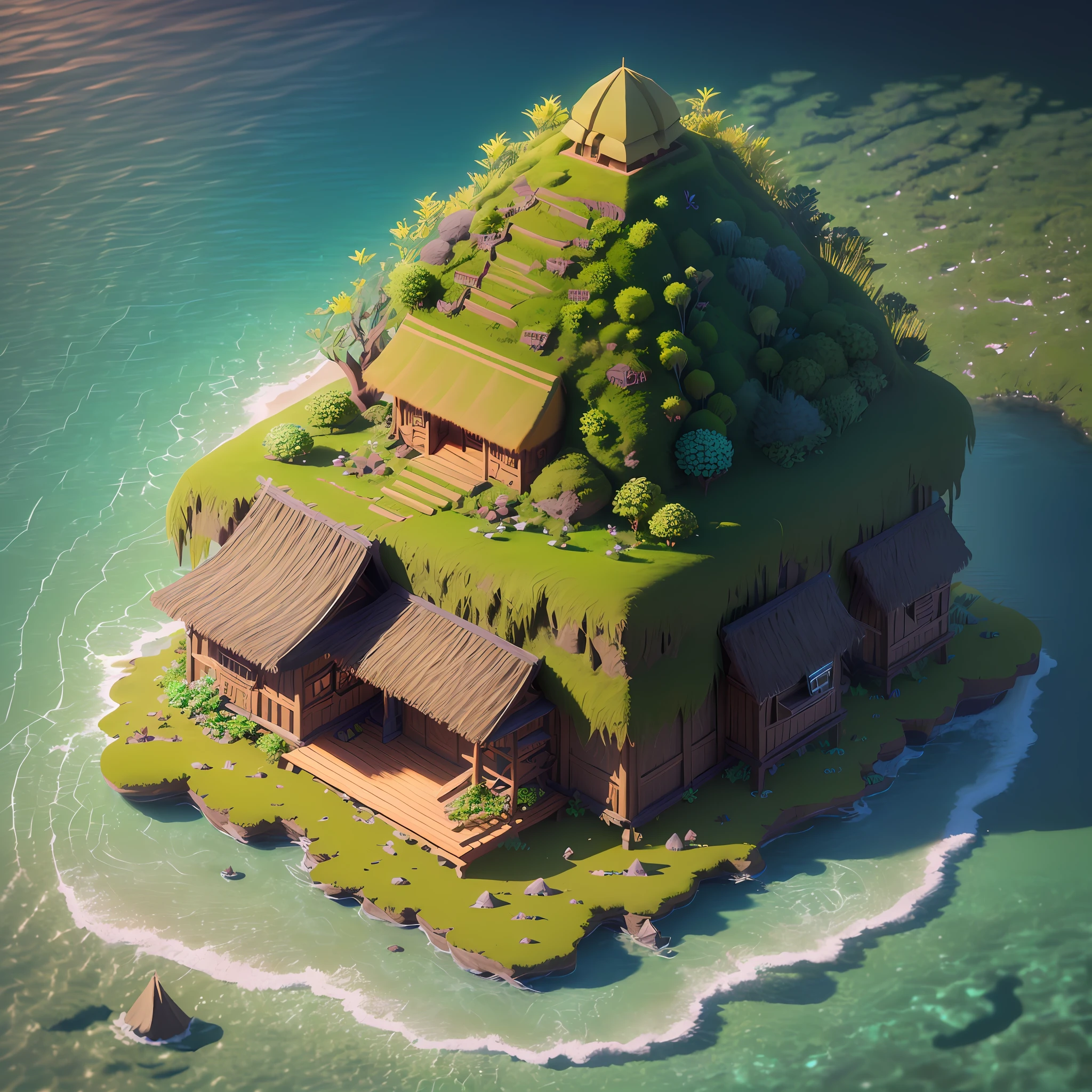 (isometric 3D),(masterpiece), (extremely detailed CG unity 8k wallpaper), (best quality), (best illustration), (best shadow),
a cute ,A round turnip Bali island hut covered with moss
,octane render,ray tracing,ultra detailed