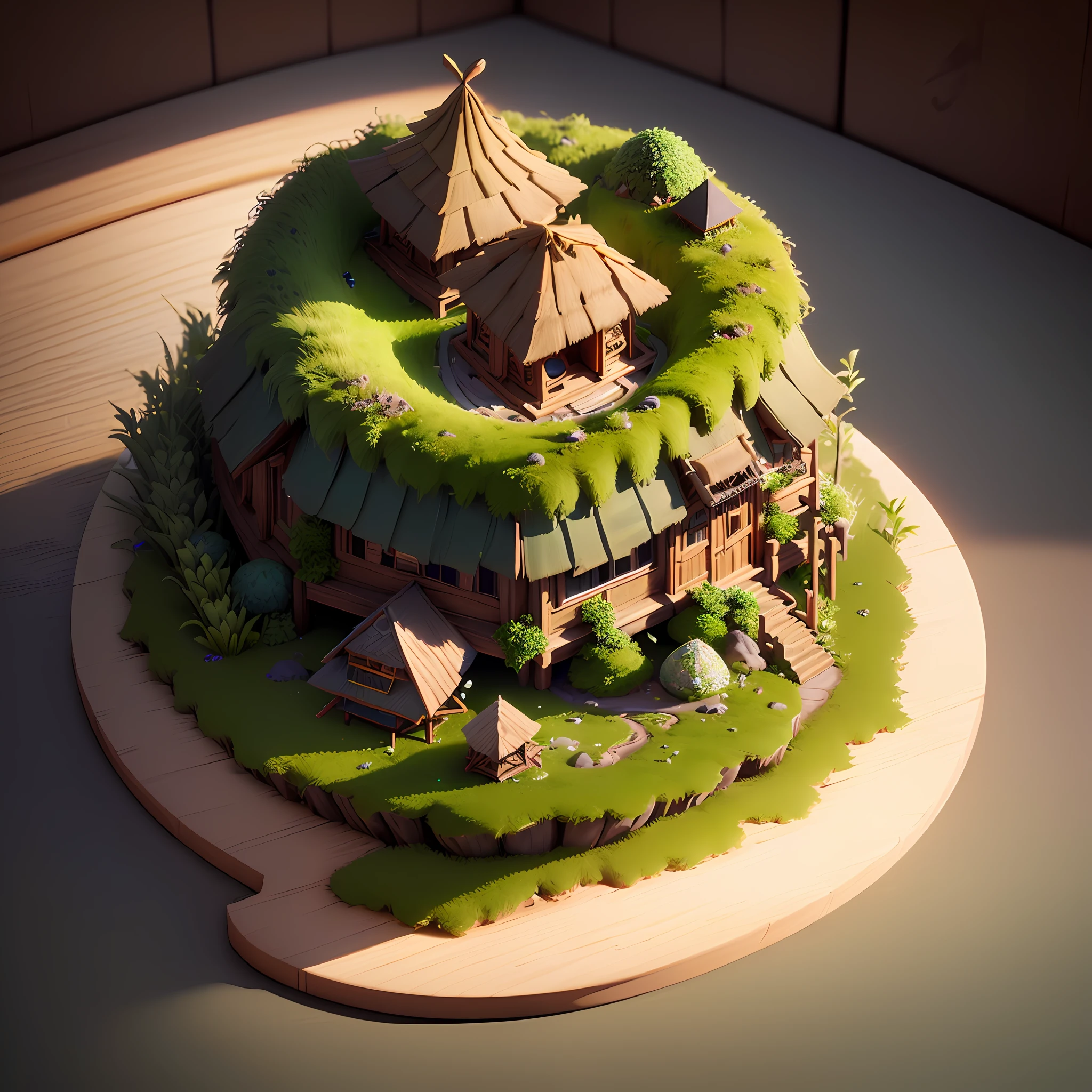 (isometric 3D),(masterpiece),  (extremely detailed CG unity 8k wallpaper), (best quality), (best illustration), (best shadow),
a cute ,A round turnip Bali island hut covered with moss
,octane render,ray tracing,ultra detailed