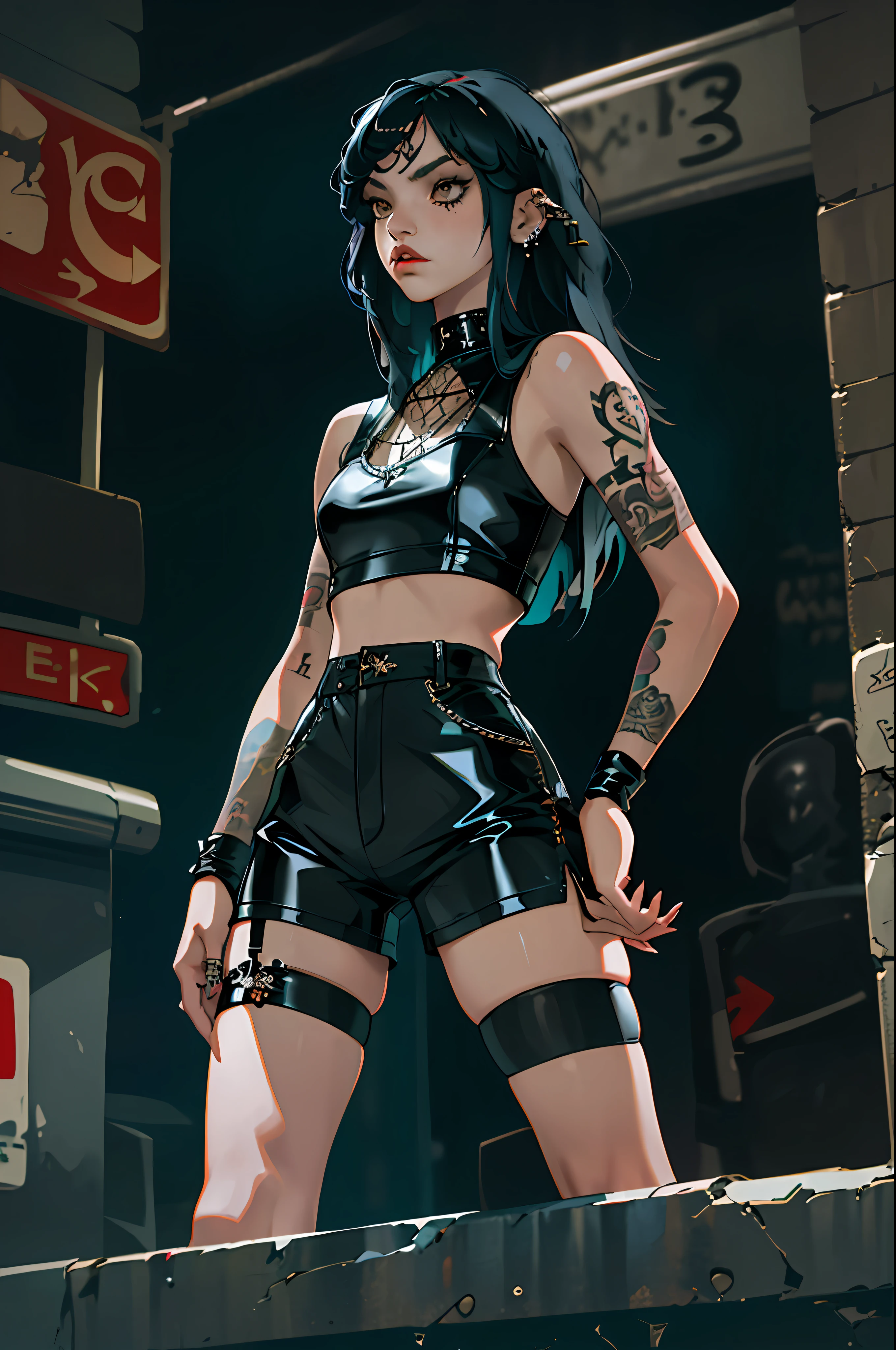 (best quality, masterpiece), 1girl,  (emo girl, piercing:1.3), fishnet Stockings, latex shorts, tattoo, long hair, night, street,