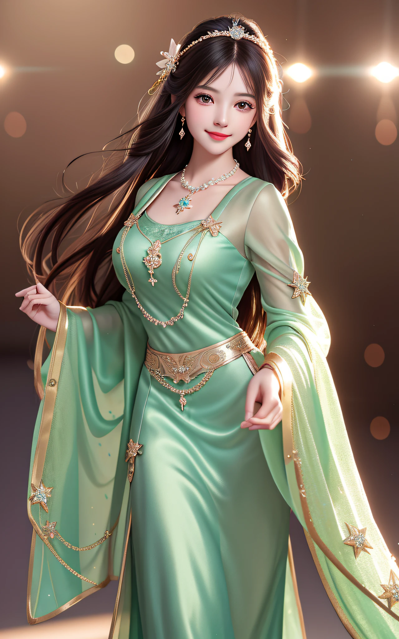 Superb Quality, Masterpiece, High Resolution, 1Girl, Blush, (Seductive Smile: 0.8), Star Eyes, Hair Accessories, Necklaces, Jewelry, Beauty, on_body, Tyndall Effect, Realism, Shadow Room, Light Edge, Two-tone Lighting, Pale Green Long Dress, Perfect Figure, Long Black Hair, Mature (High Detail Skin: 1.2), 8K UHD, SLR, Soft Light, High Quality, Volume Lighting, Voyage Shot, Photo, High Resolution, 4K, 8K, Background Bokeh