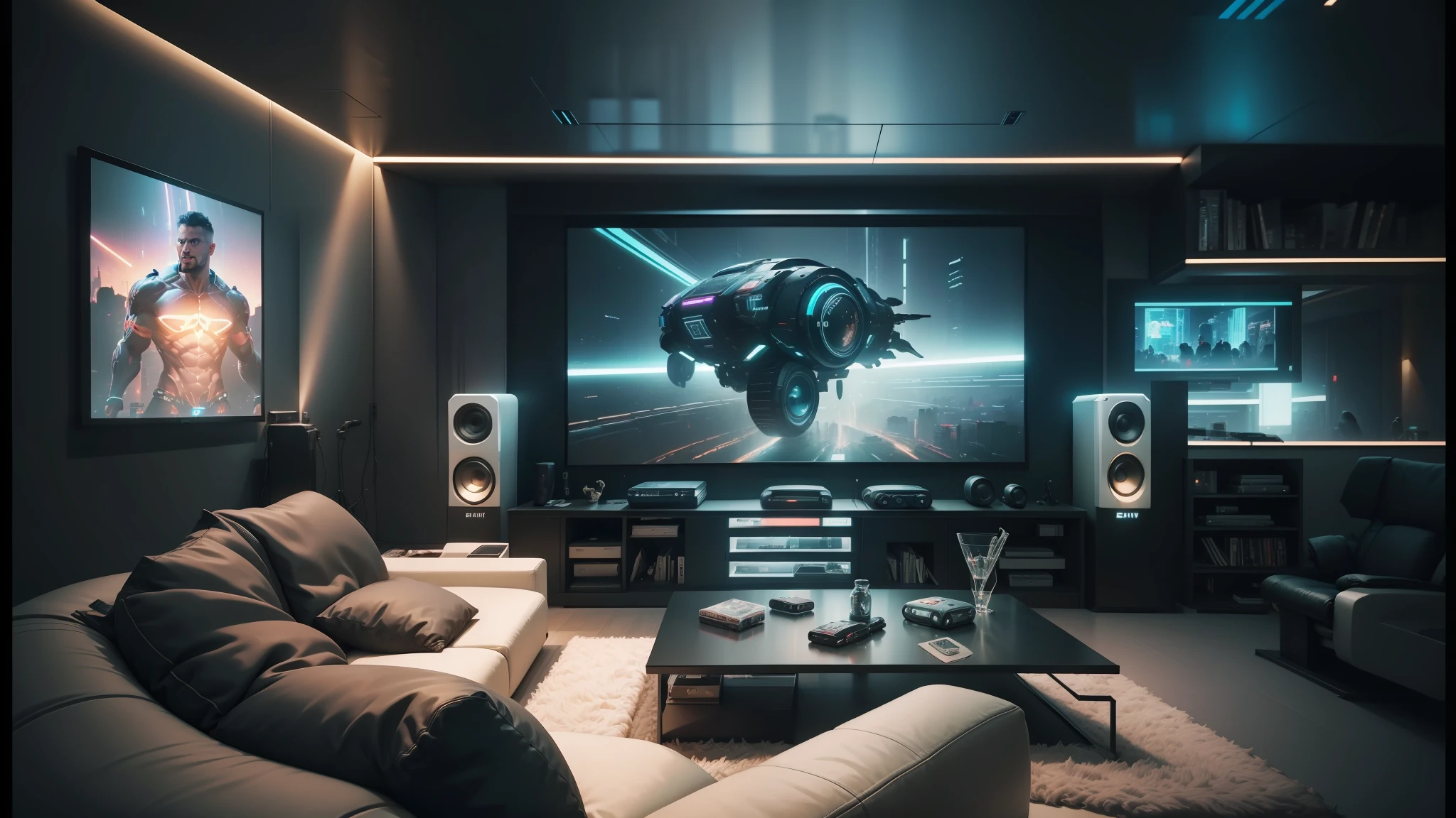 arafed room with a couch, table, speakers, and a large screen, movie setup, cinema, futuristic room, in a cyberpunk themed room, epic theater, scifi room, cyberpunk apartment, cinematic atmospher, gaming room in 2 0 4 0, the cyberpunk apartment, realistic space, apartment set in the near future, gaming room --auto --s2